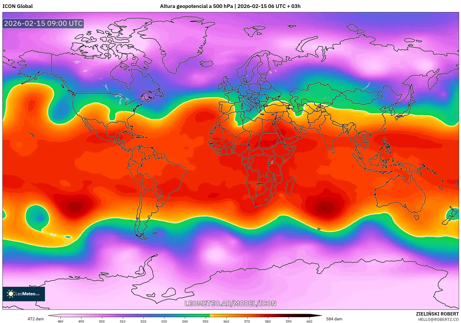 ICON model - Mundo, Altura geopotencial a 500 hPa