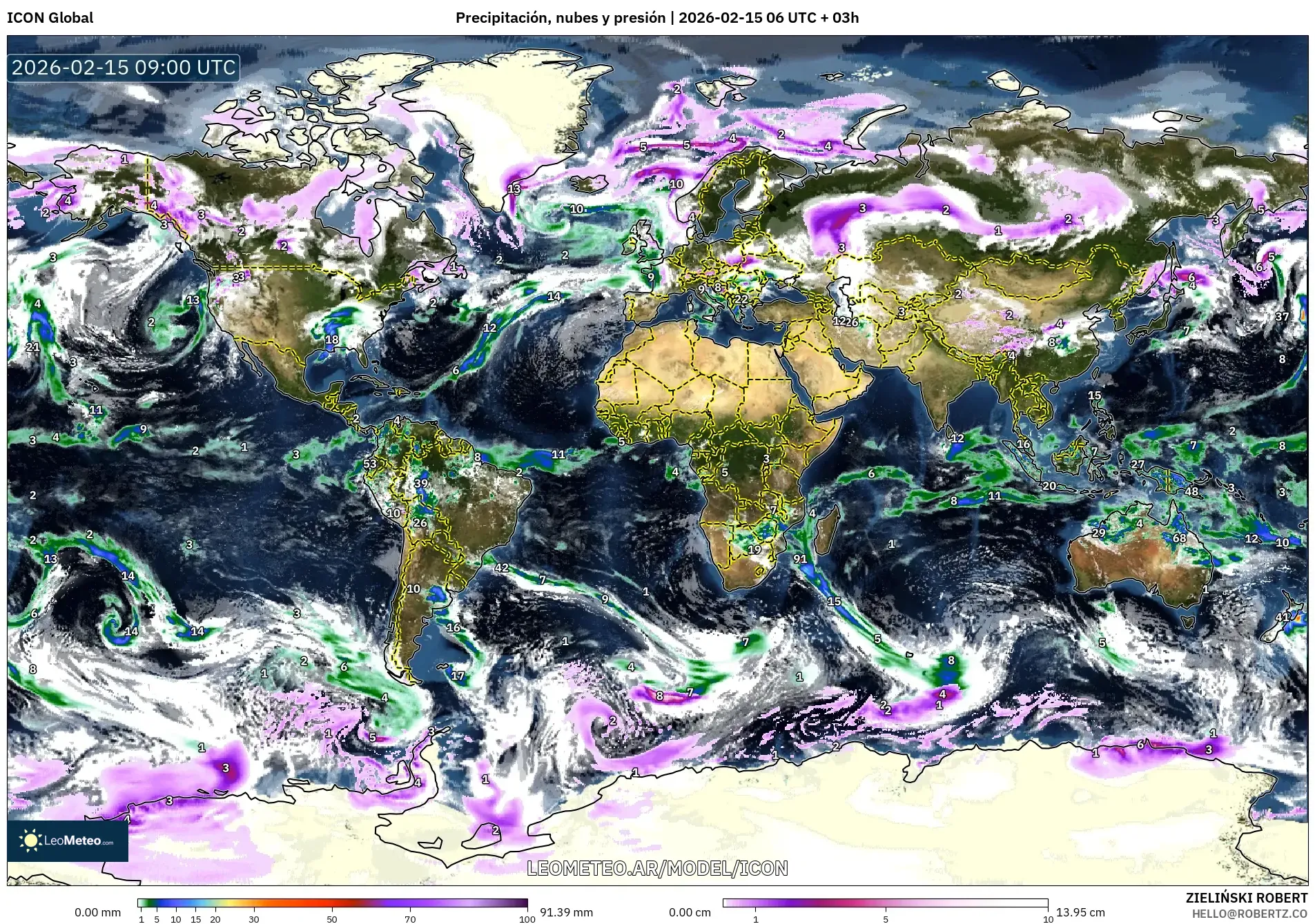 ICON model - Mundo, Precipitación, nubes y presión