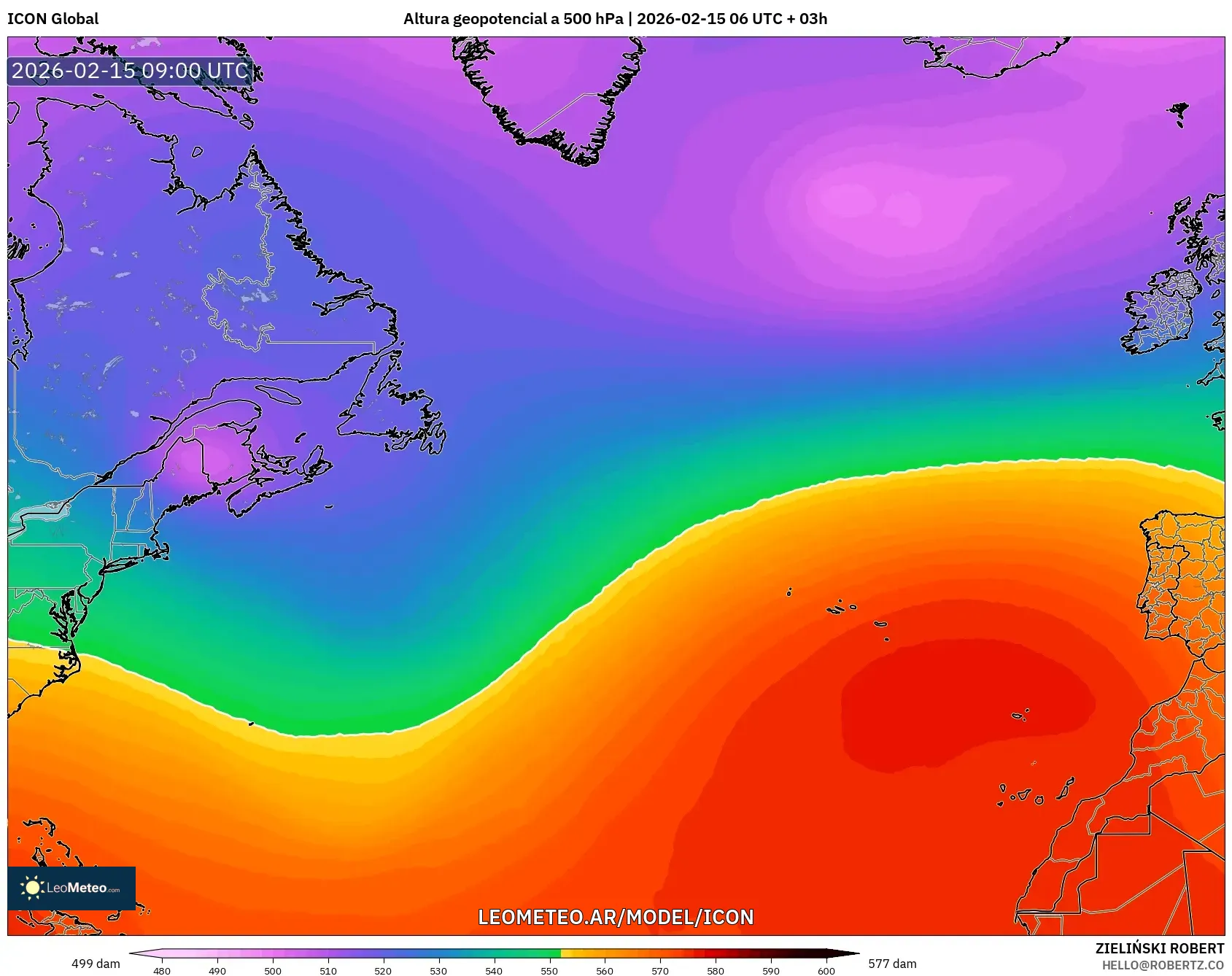 ICON model - Norte Atlántico, Altura geopotencial a 500 hPa