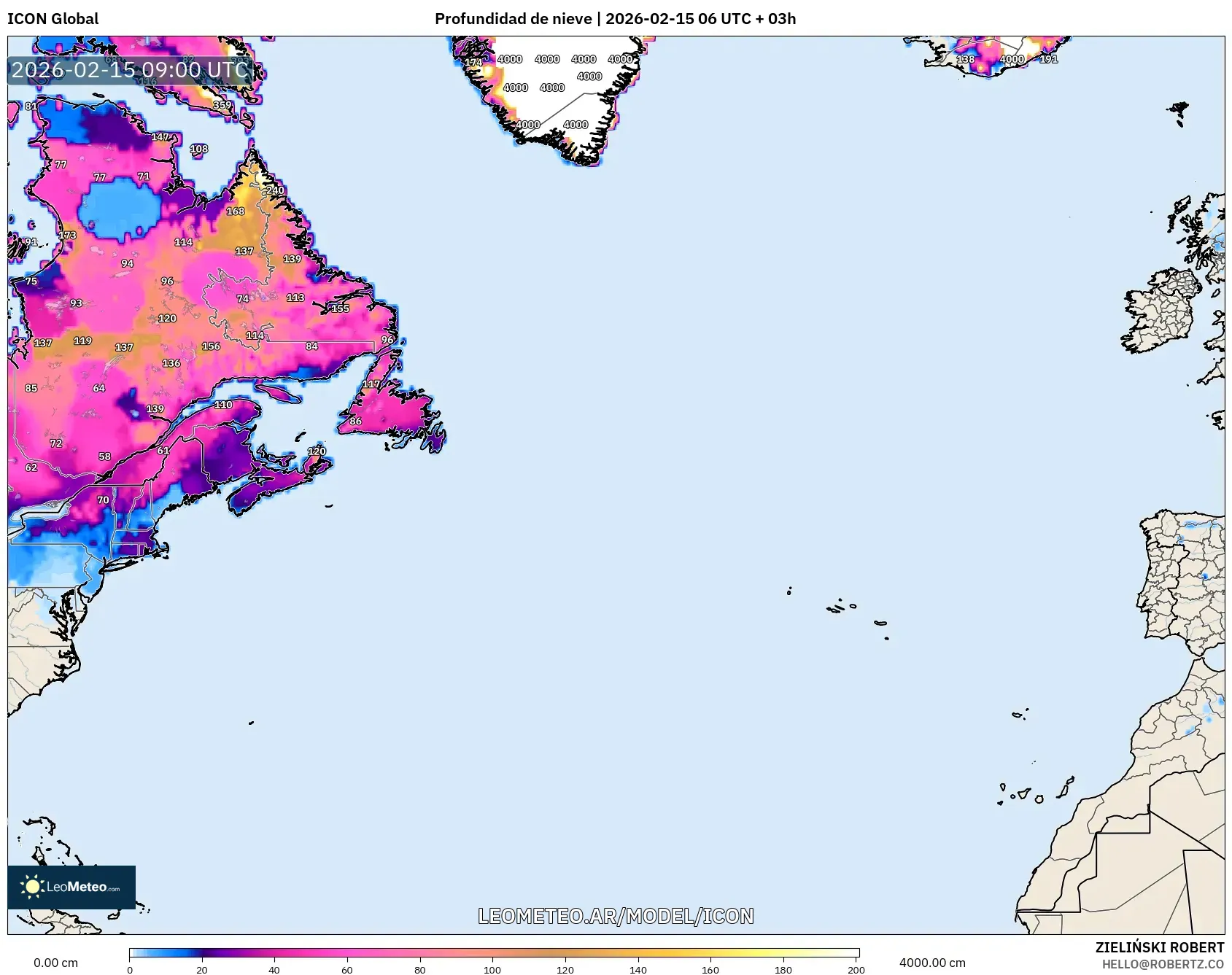 ICON model - Norte Atlántico, Profundidad de nieve