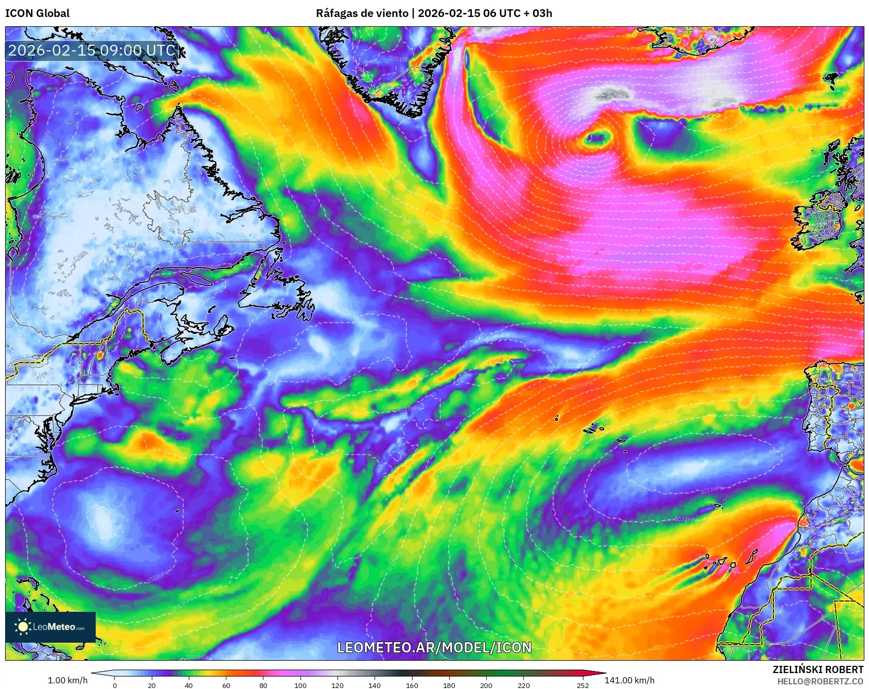 ICON model - Norte Atlántico, Ráfagas de viento