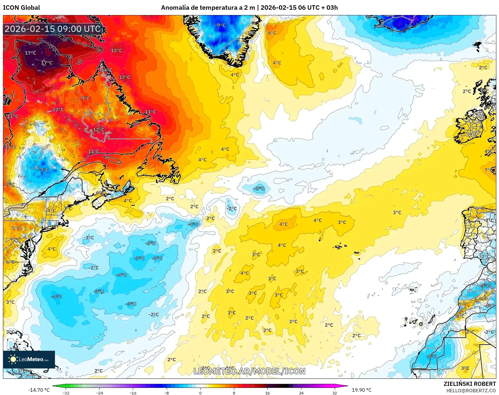ICON model - Norte Atlántico, Anomalía de temperatura a 2 m