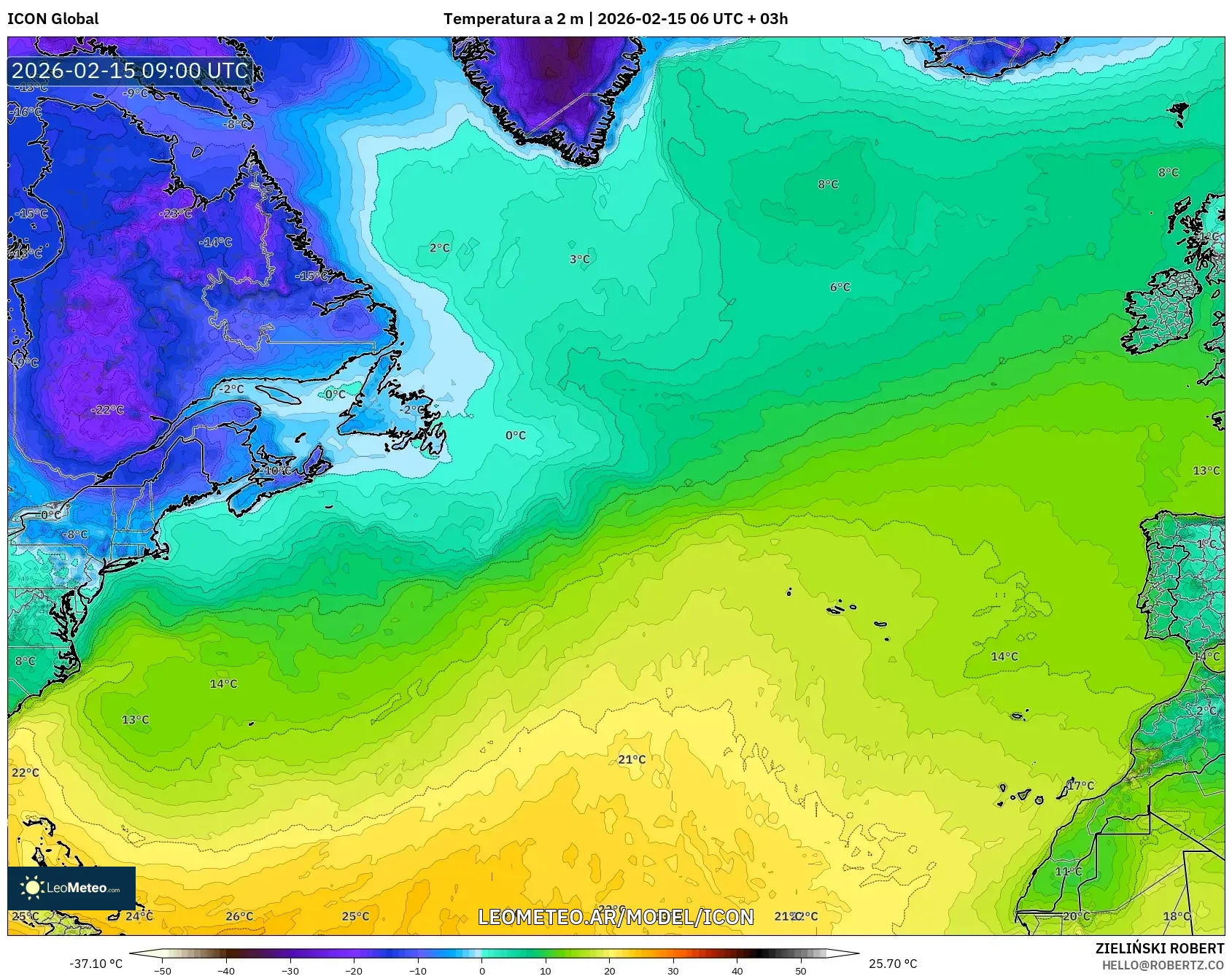 ICON model - Norte Atlántico, Temperatura a 2 m