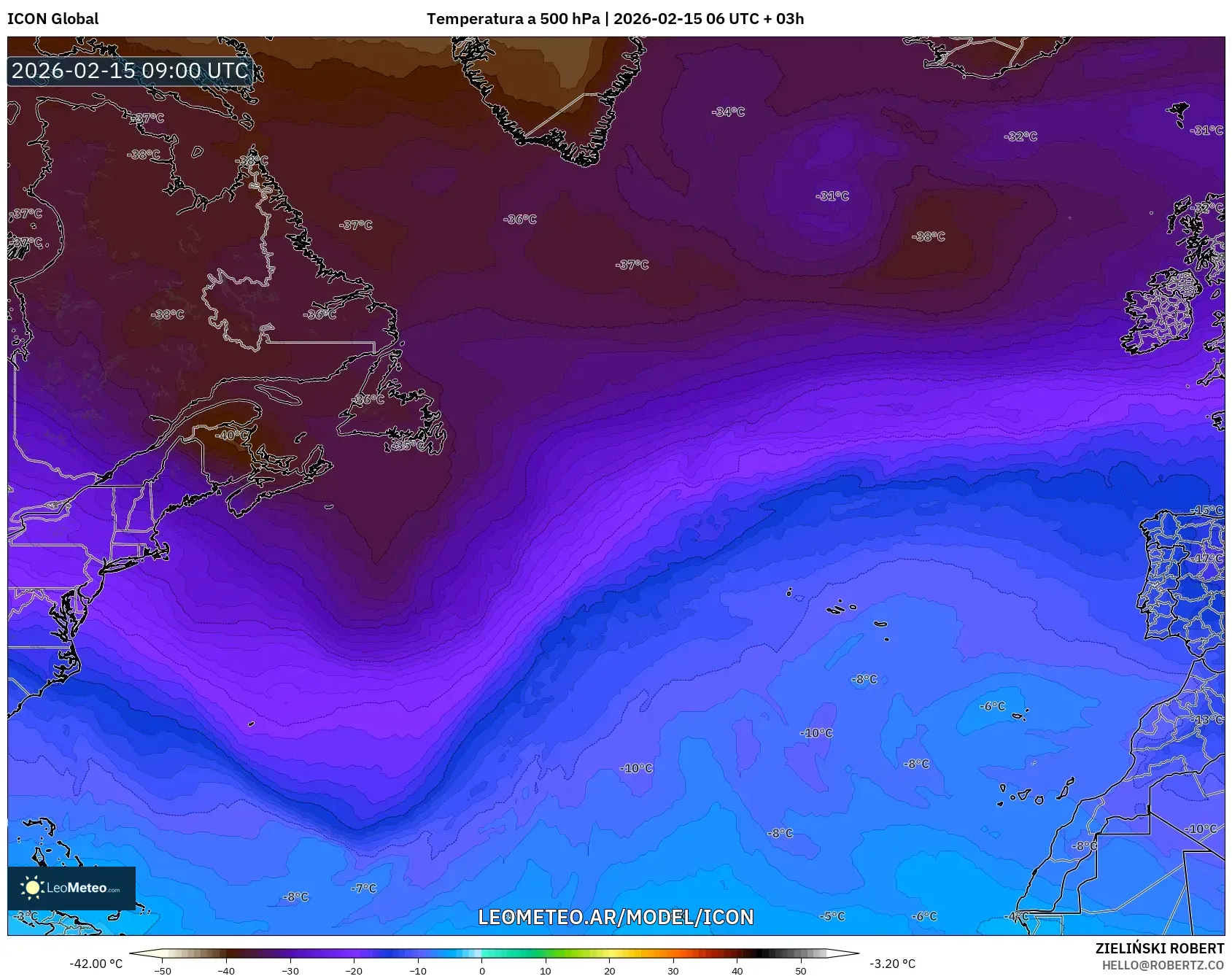 ICON model - Norte Atlántico, Temperatura a 500 hPa