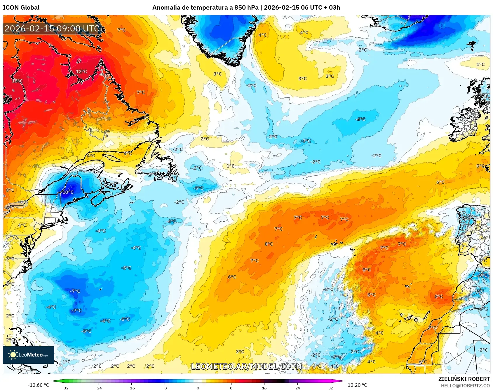 ICON model - Norte Atlántico, Anomalía de temperatura a 850 hPa
