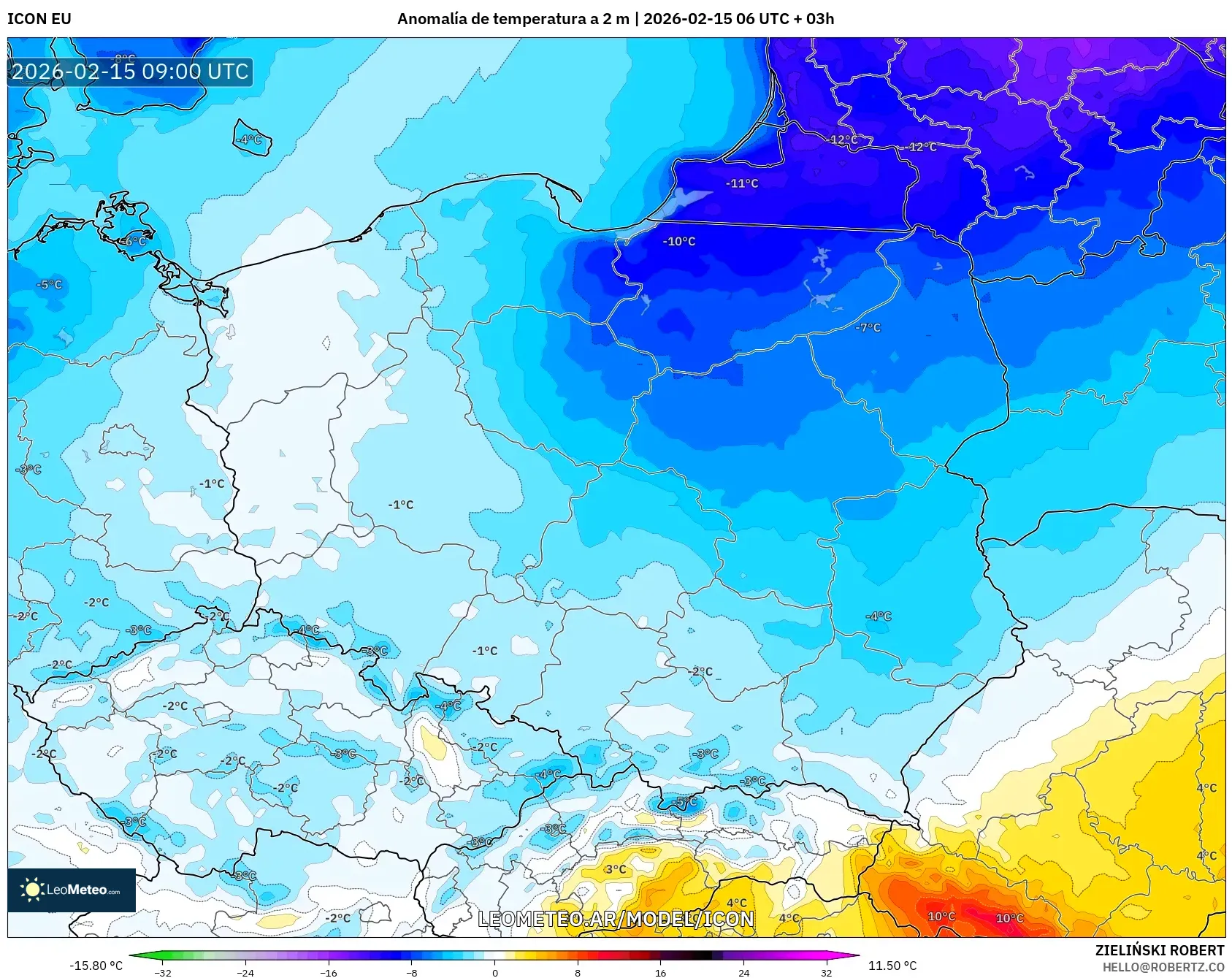 ICON model - Polonia, Anomalía de temperatura a 2 m