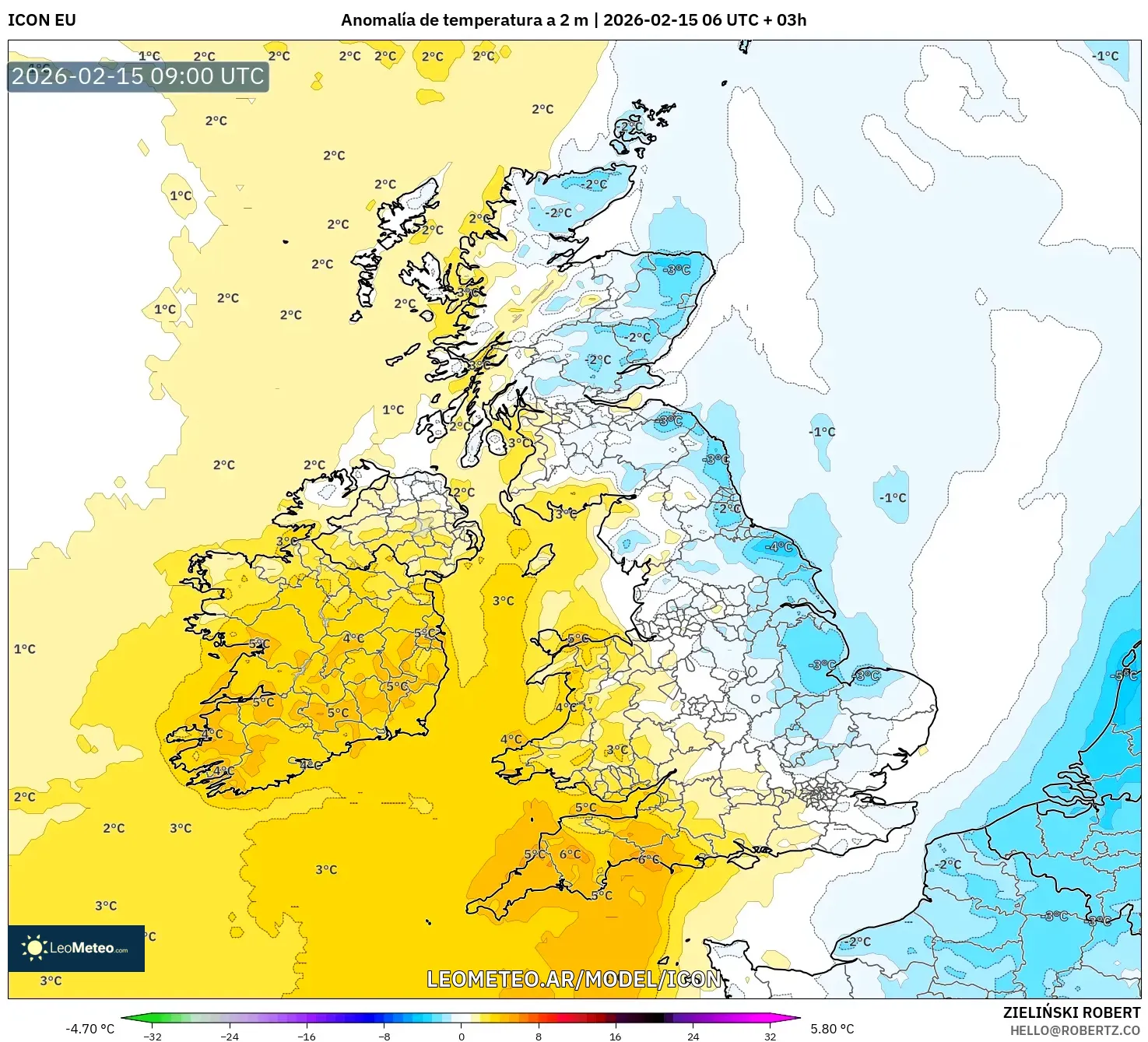 ICON model - Reino Unido, Anomalía de temperatura a 2 m