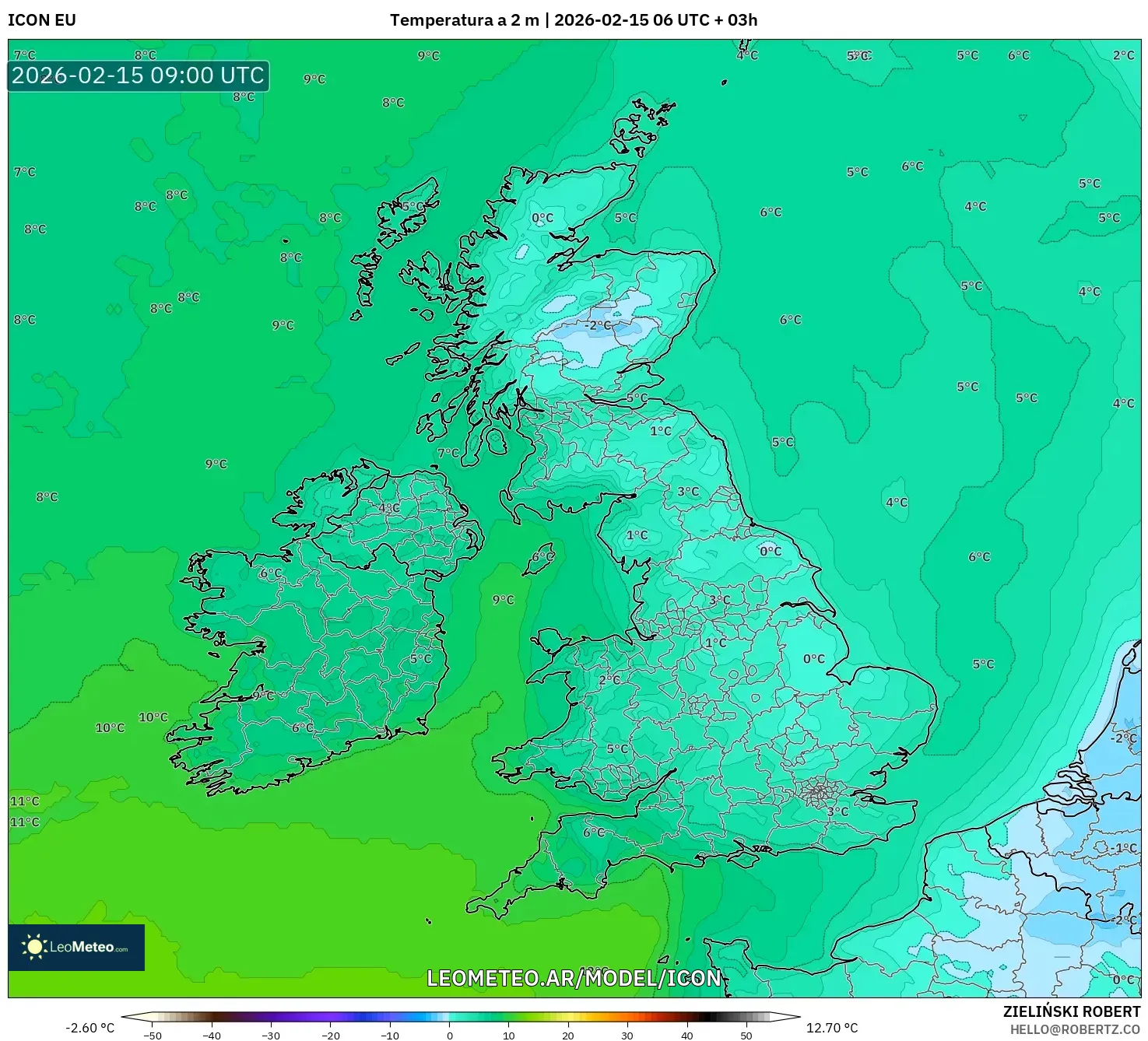 ICON model - Reino Unido, Temperatura a 2 m