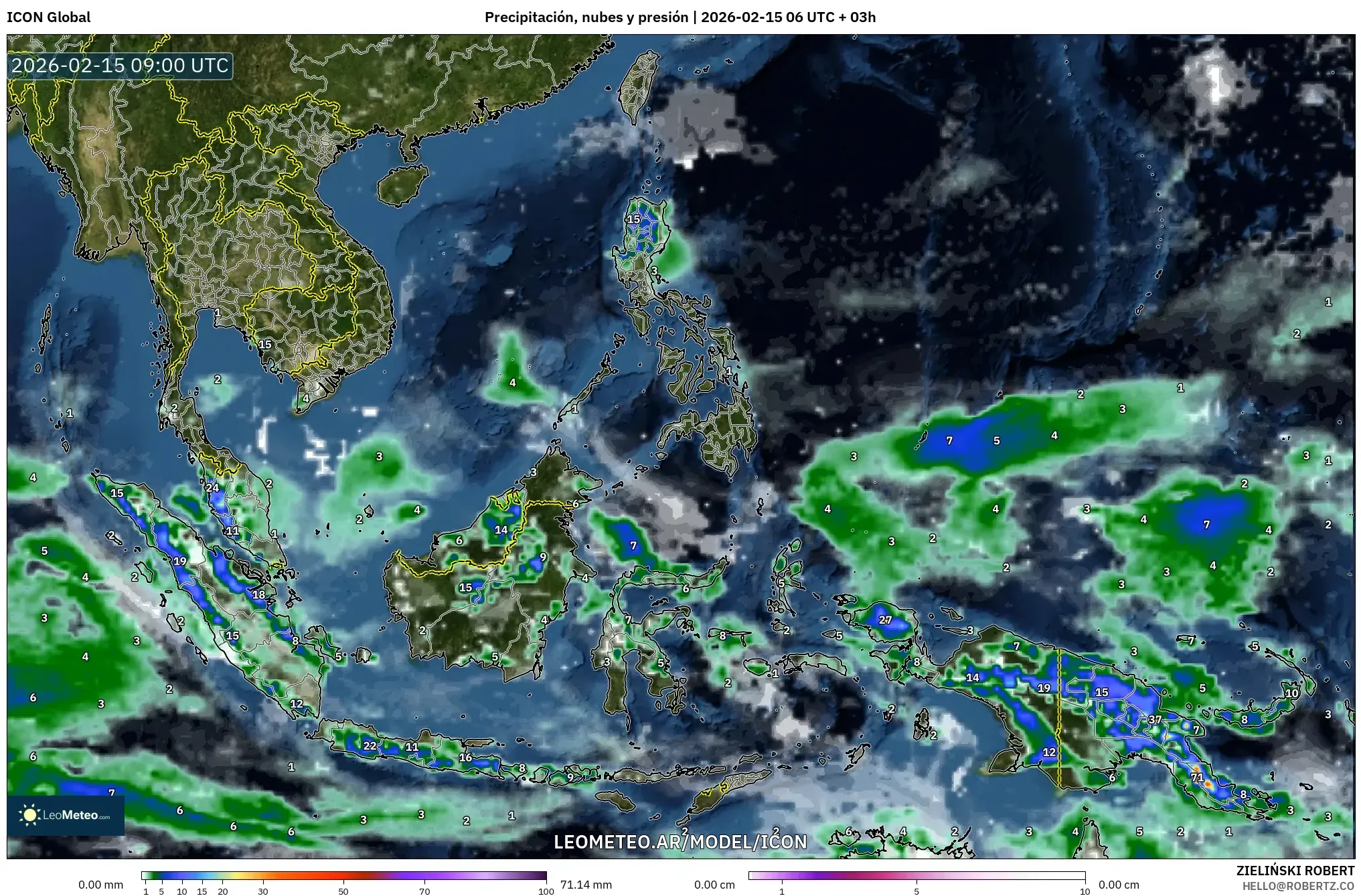 ICON model - Sudeste Asiático, Precipitación, nubes y presión