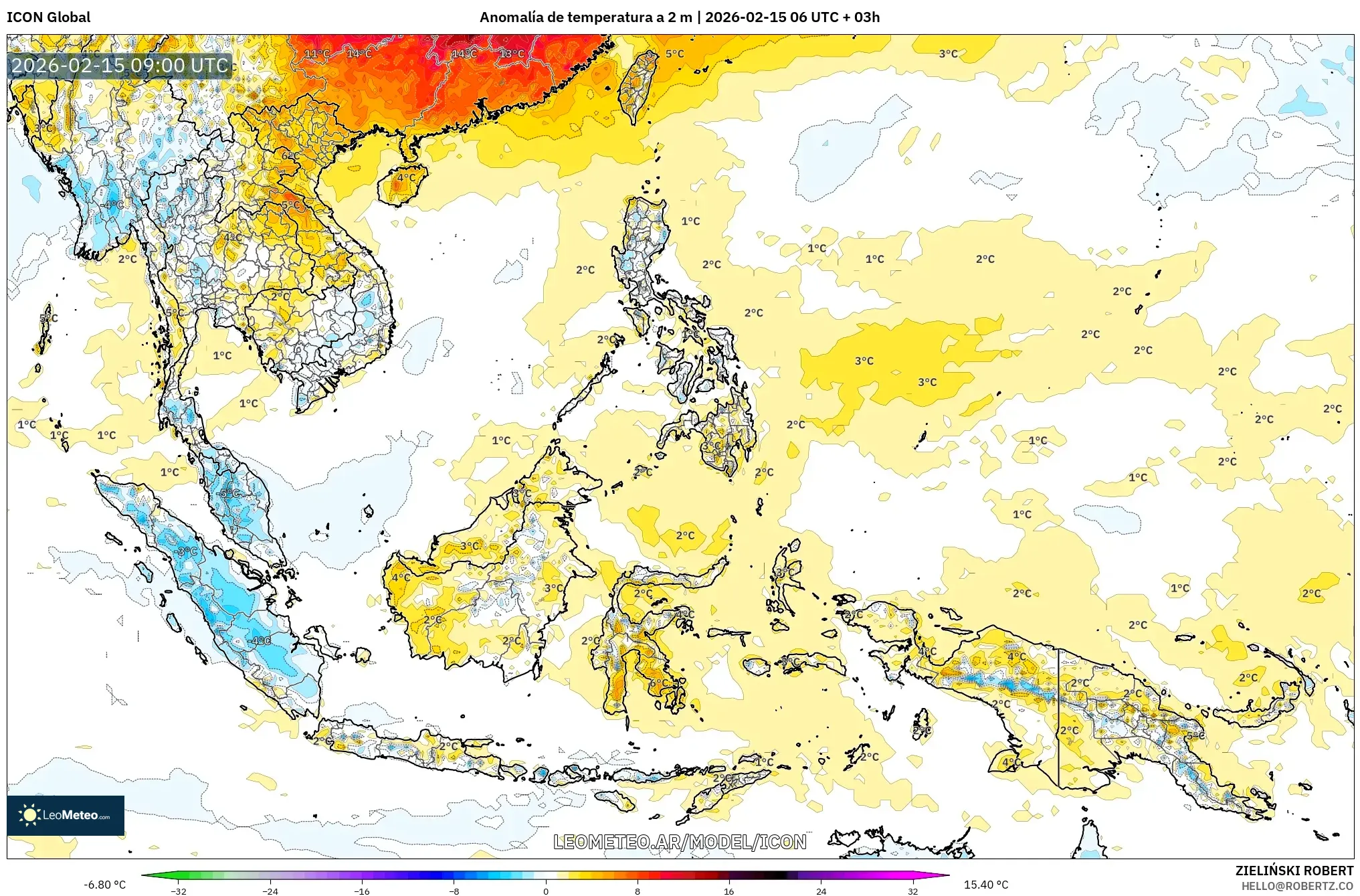ICON model - Sudeste Asiático, Anomalía de temperatura a 2 m