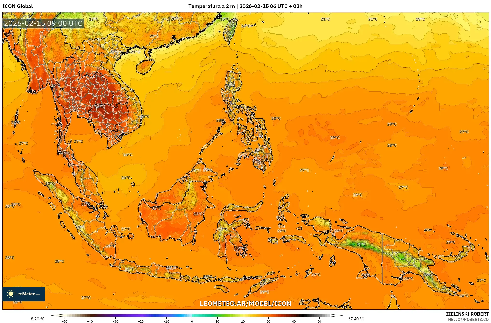 ICON model - Sudeste Asiático, Temperatura a 2 m
