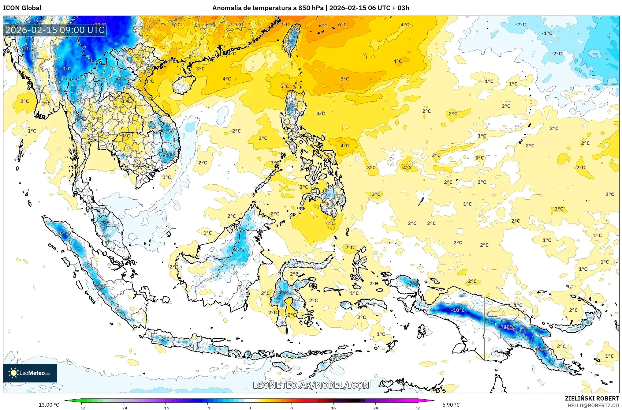 ICON model - Sudeste Asiático, Anomalía de temperatura a 850 hPa