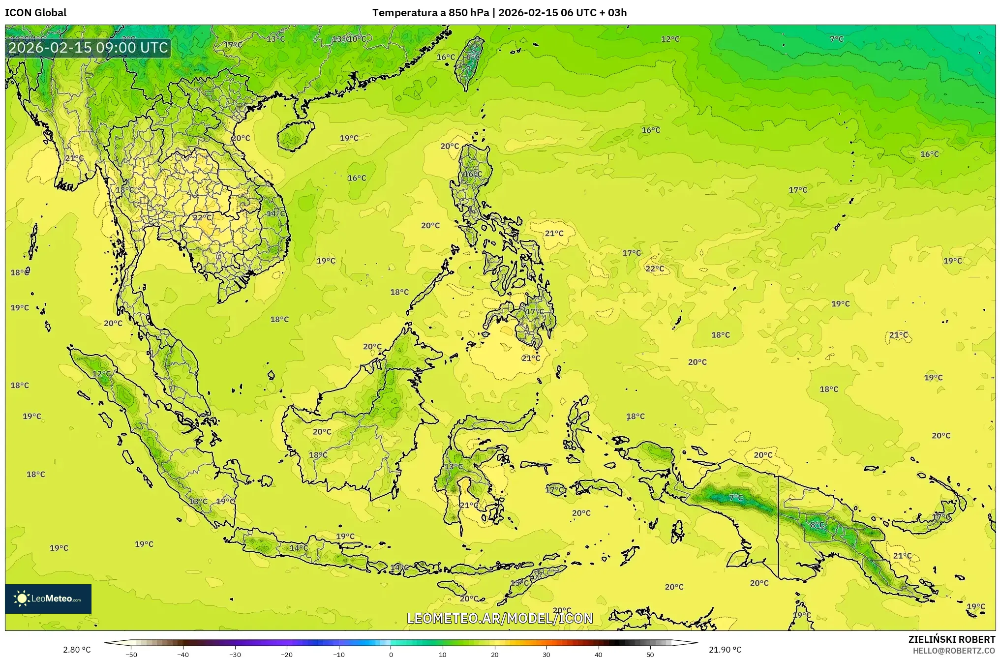 ICON model - Sudeste Asiático, Temperatura a 850 hPa