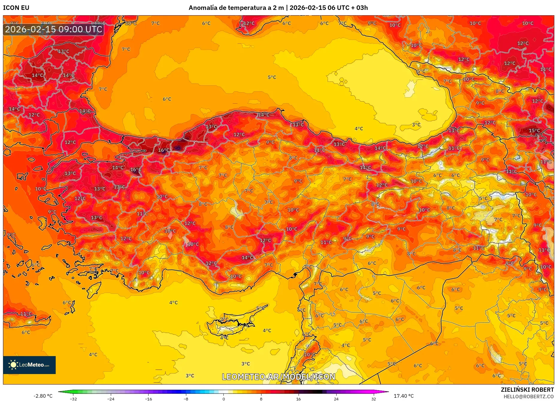 ICON model - Turquía, Anomalía de temperatura a 2 m