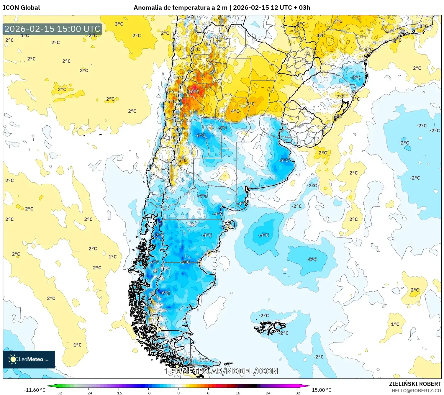 ICON model - Argentina, Anomalía de temperatura a 2 m