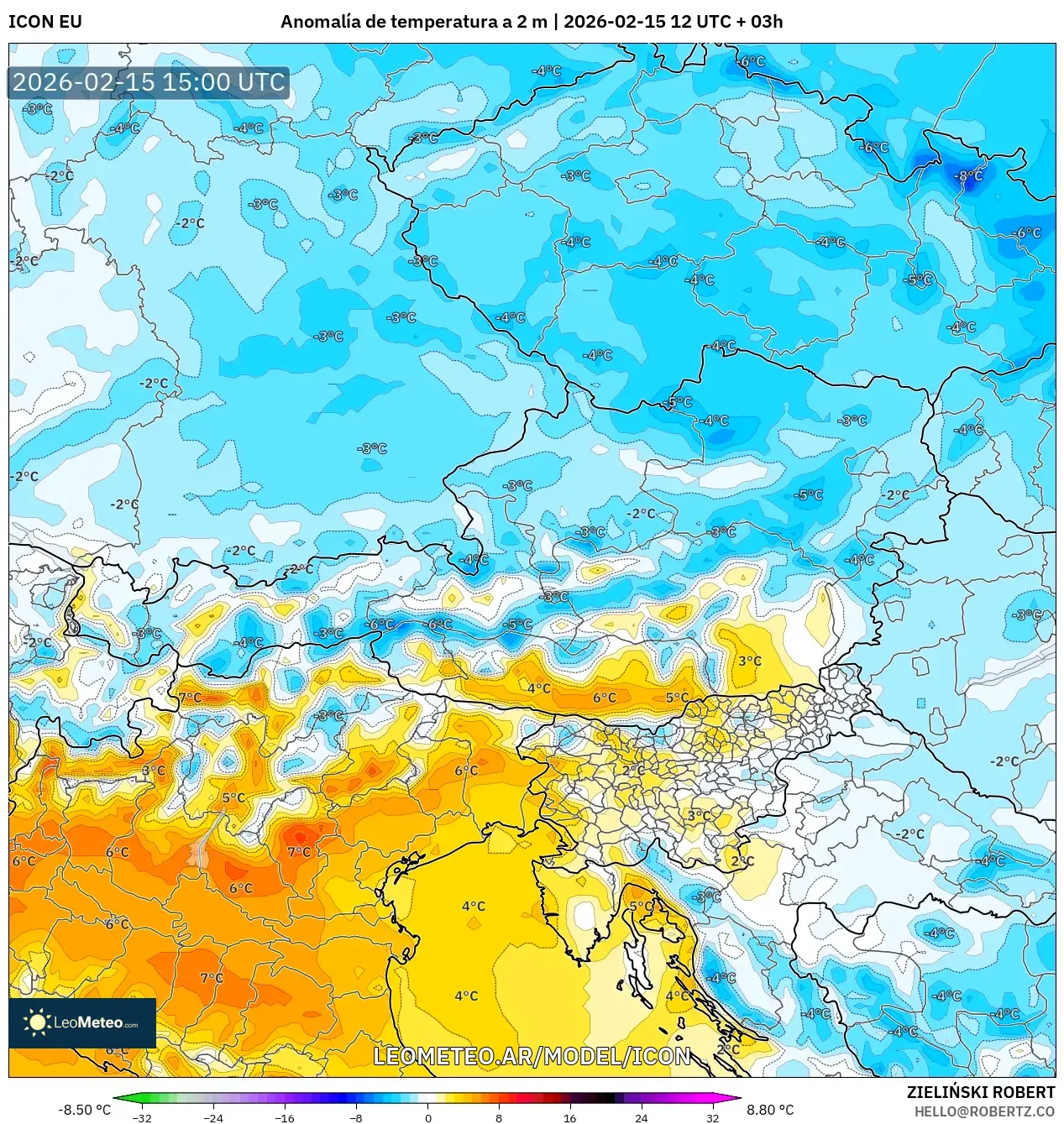 ICON model - Austria, Anomalía de temperatura a 2 m