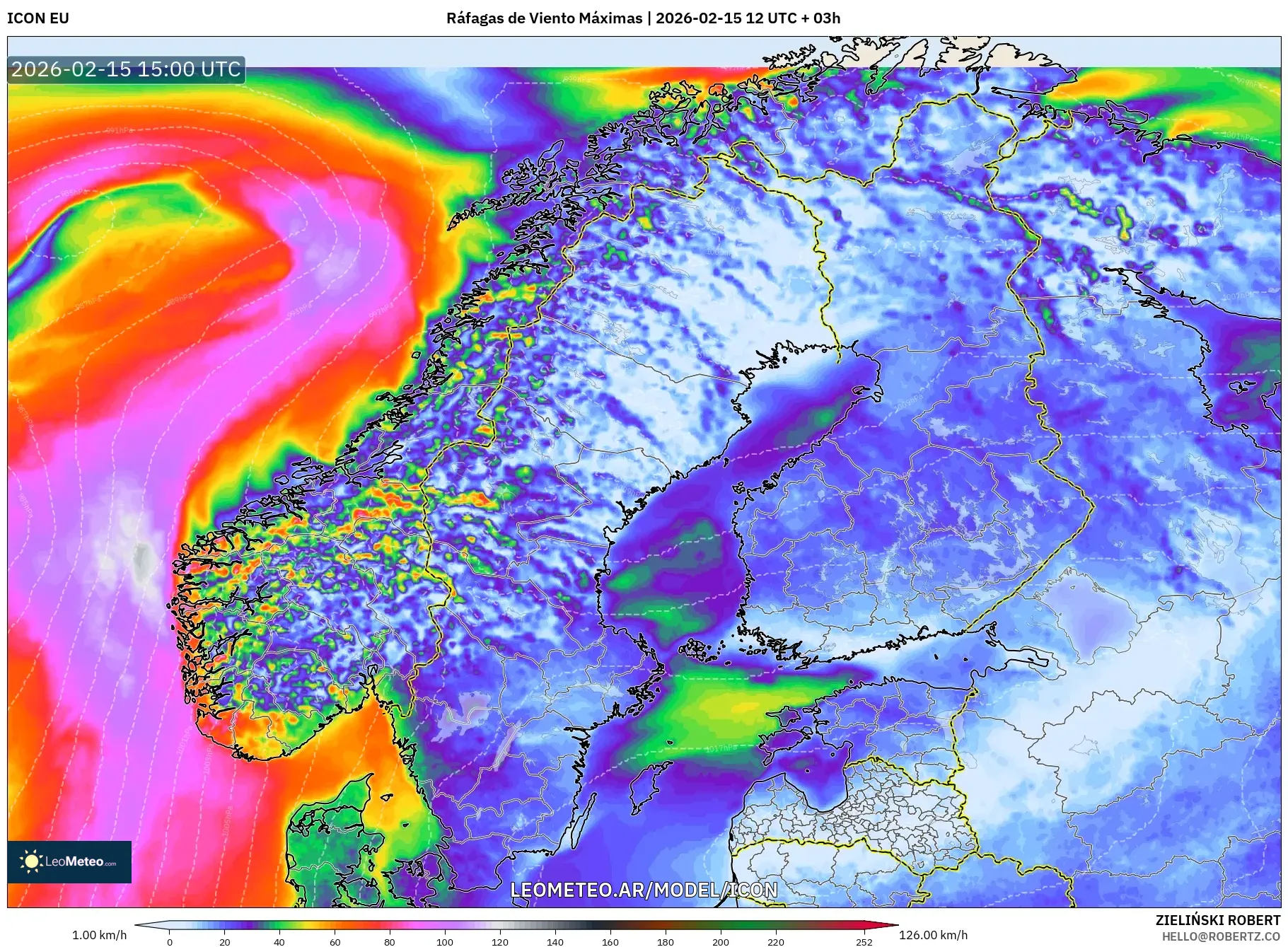 ICON model - Escandinavia, Ráfagas de Viento Máximas
