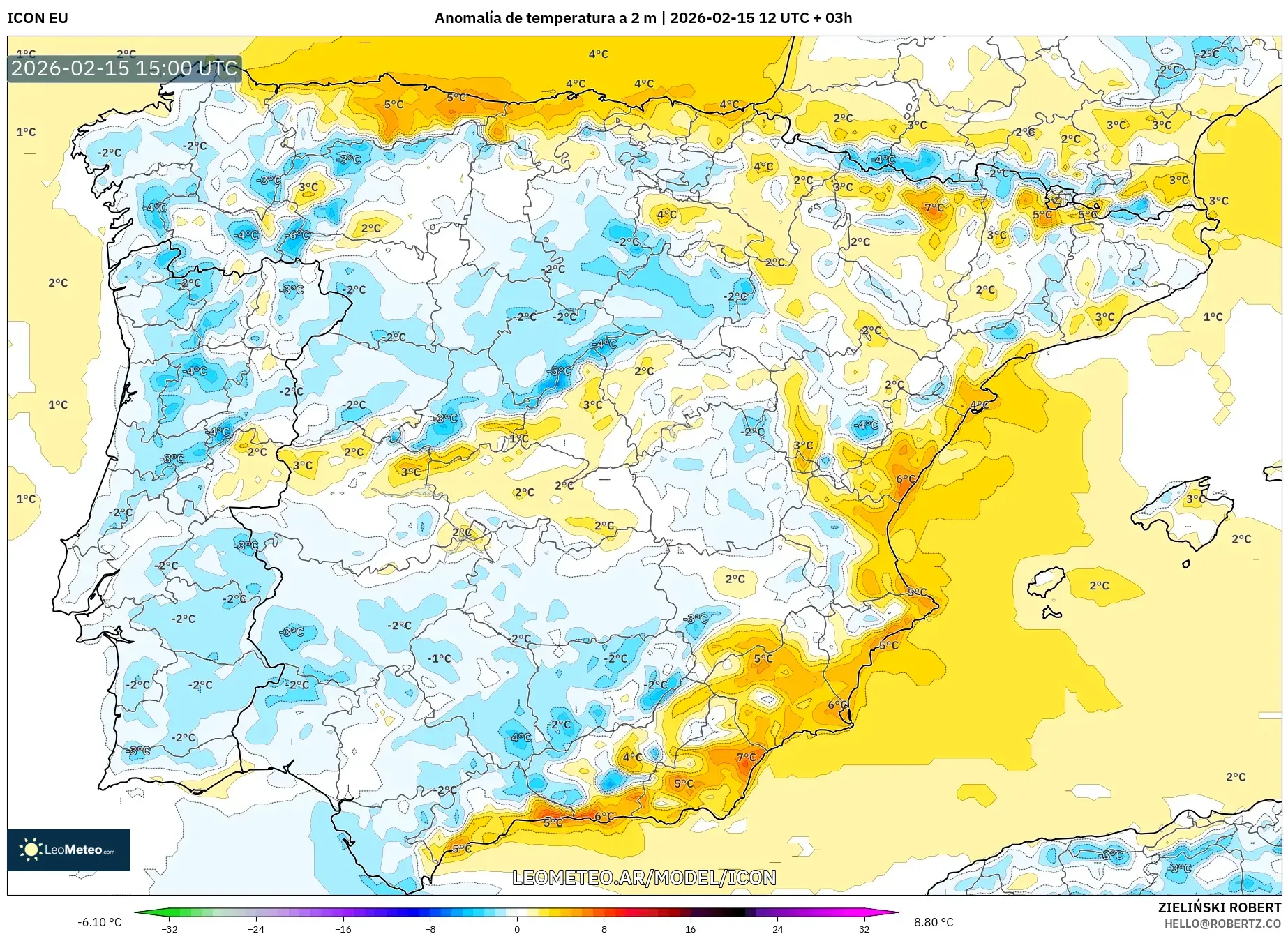 ICON model - España, Anomalía de temperatura a 2 m