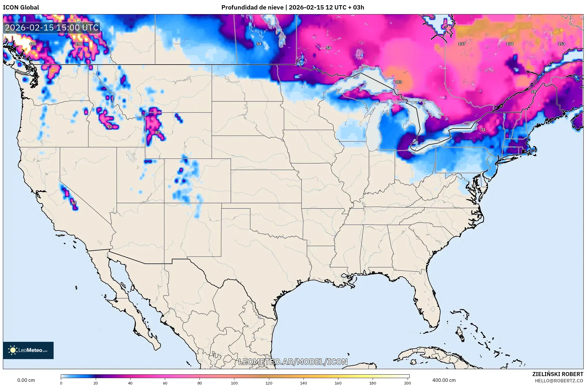 ICON model - Estados Unidos, Profundidad de nieve