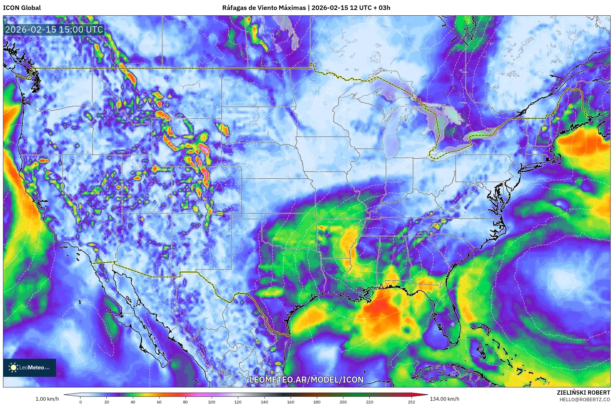 ICON model - Estados Unidos, Ráfagas de Viento Máximas