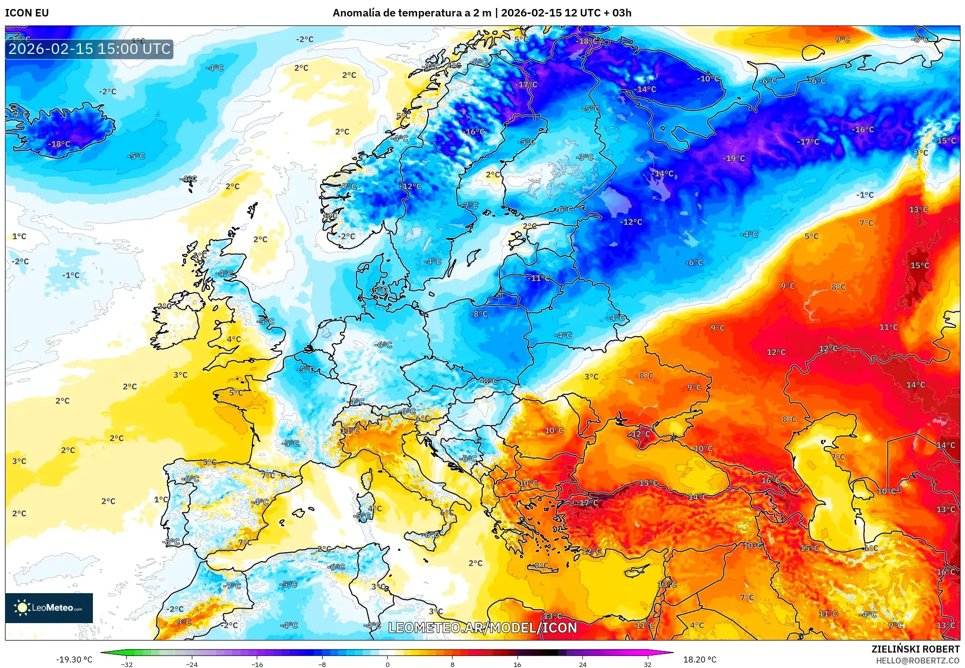 ICON model - Europa, Anomalía de temperatura a 2 m