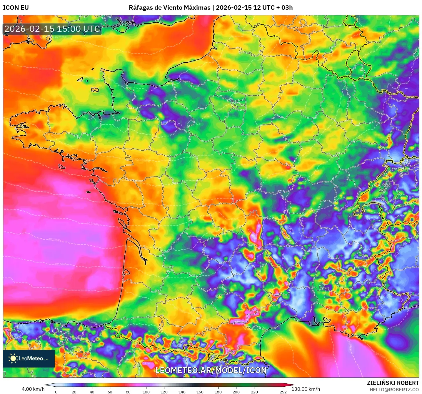ICON model - Francia, Ráfagas de Viento Máximas