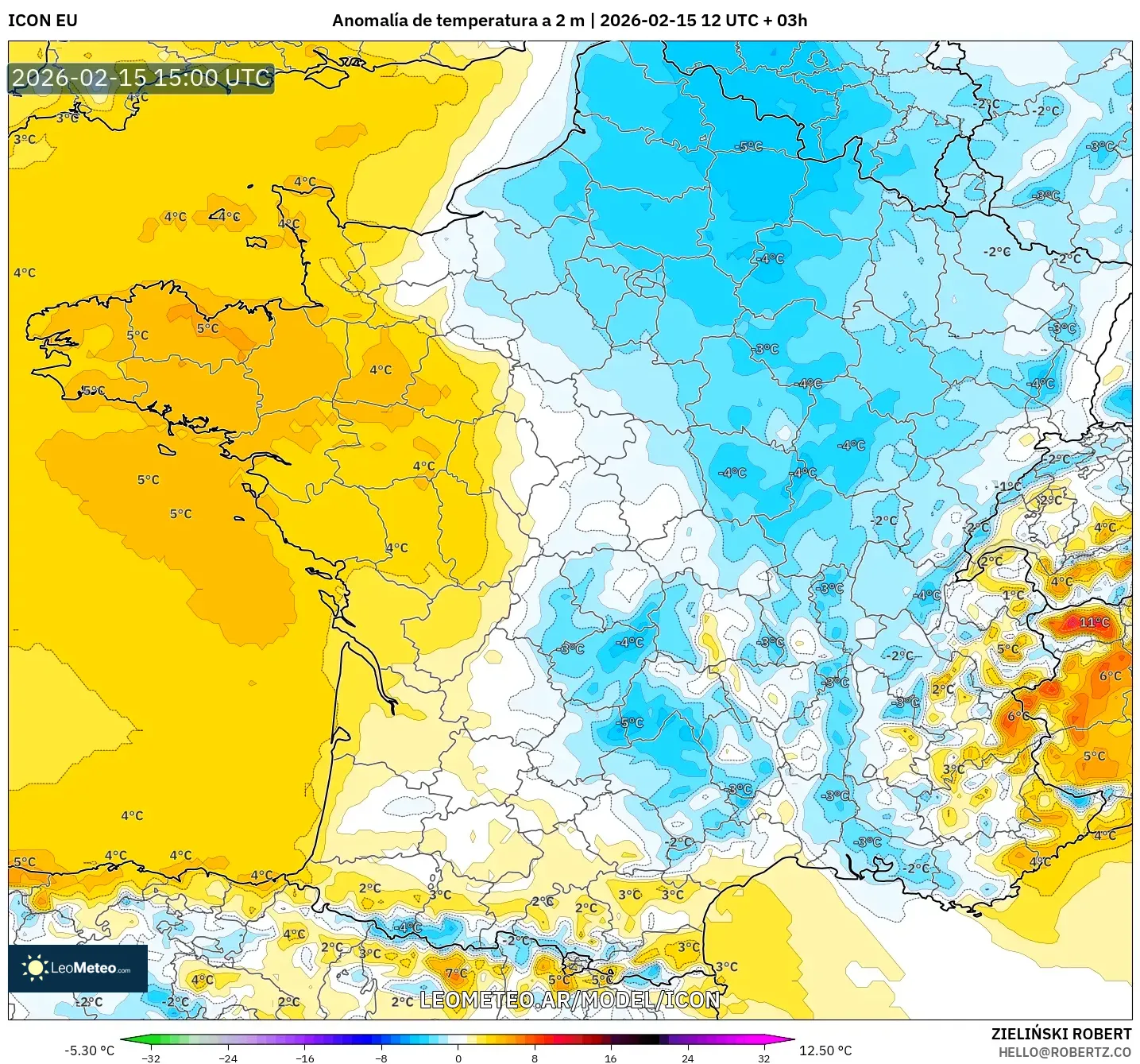 ICON model - Francia, Anomalía de temperatura a 2 m