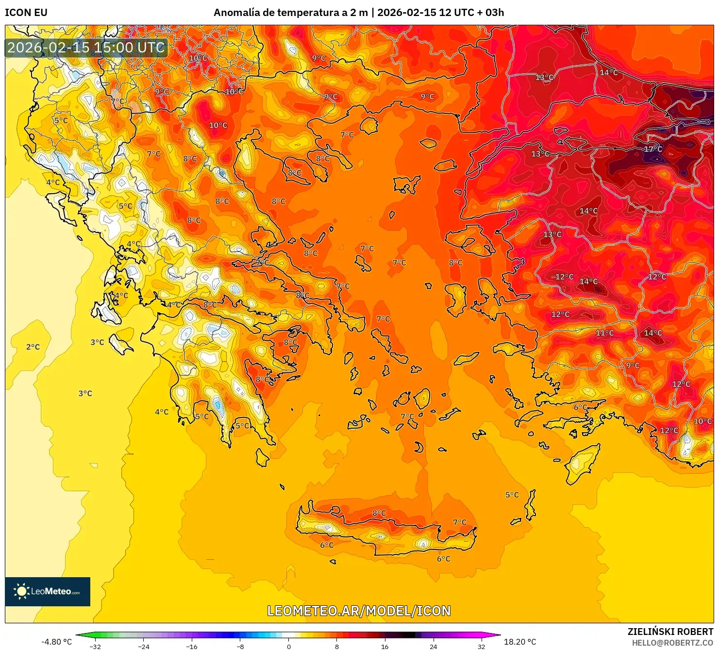 ICON model - Grecia, Anomalía de temperatura a 2 m