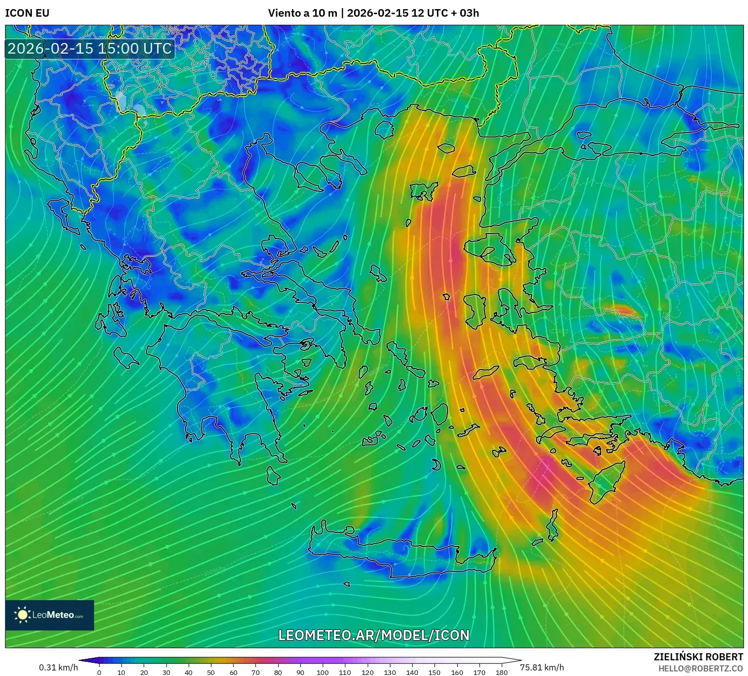 ICON model - Grecia, Viento a 10 m