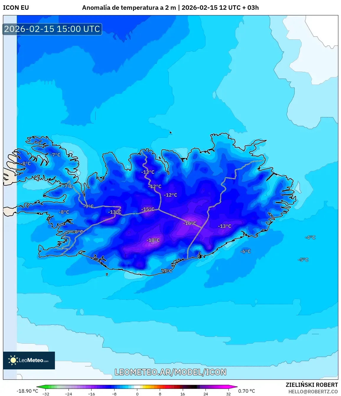 ICON model - Islandia, Anomalía de temperatura a 2 m