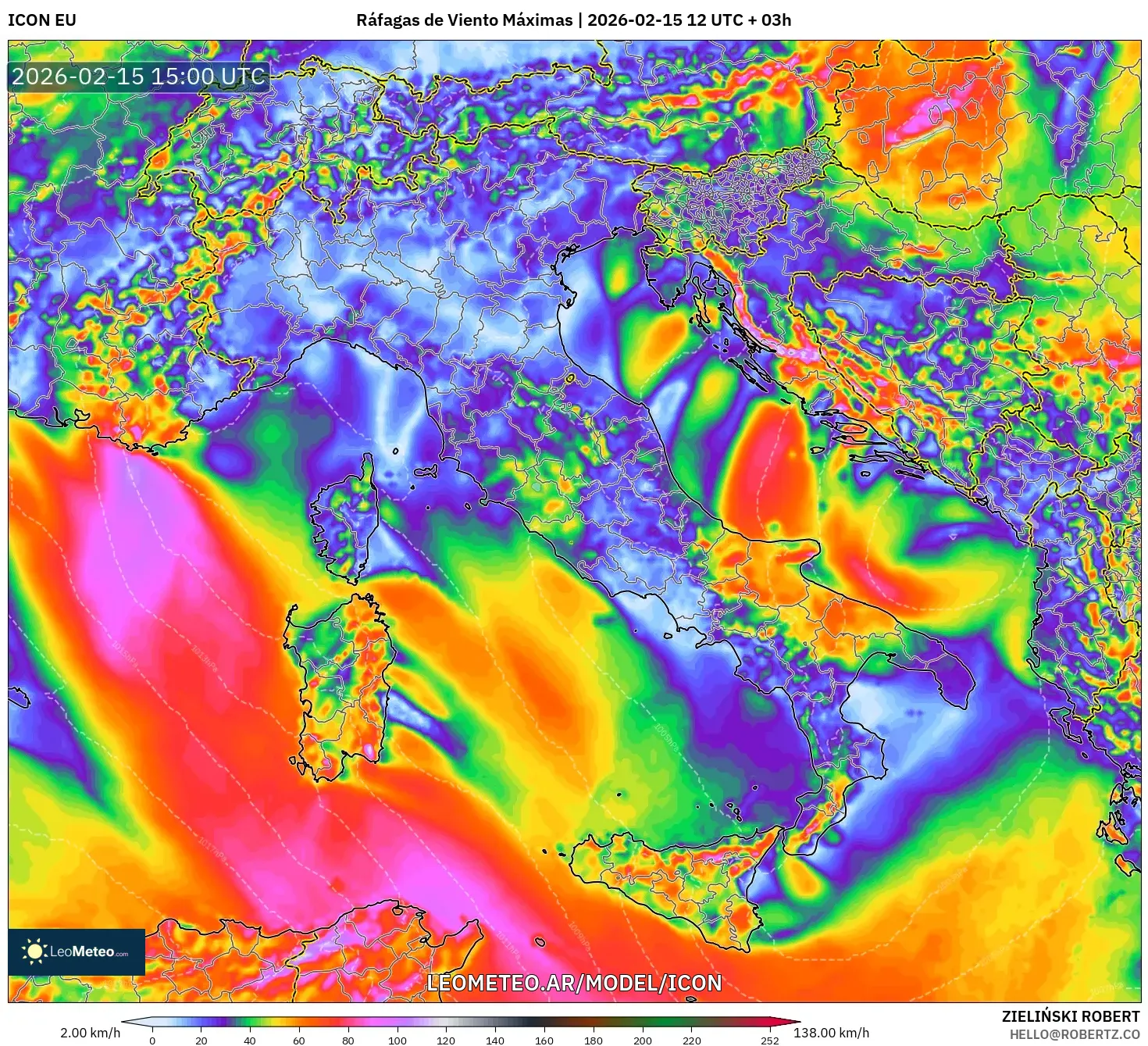 ICON model - Italia, Ráfagas de Viento Máximas