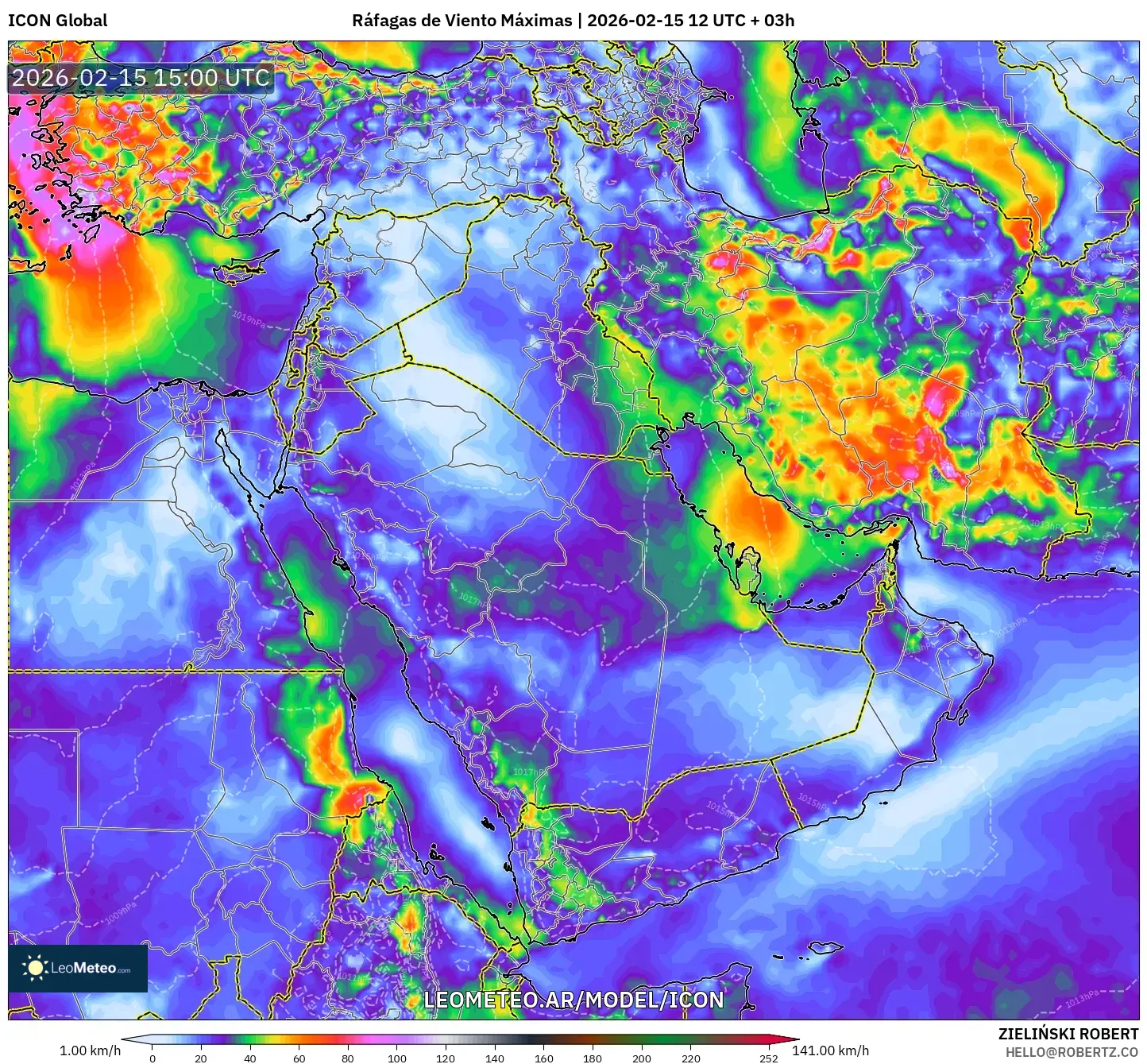 ICON model - Oriente Medio, Ráfagas de Viento Máximas