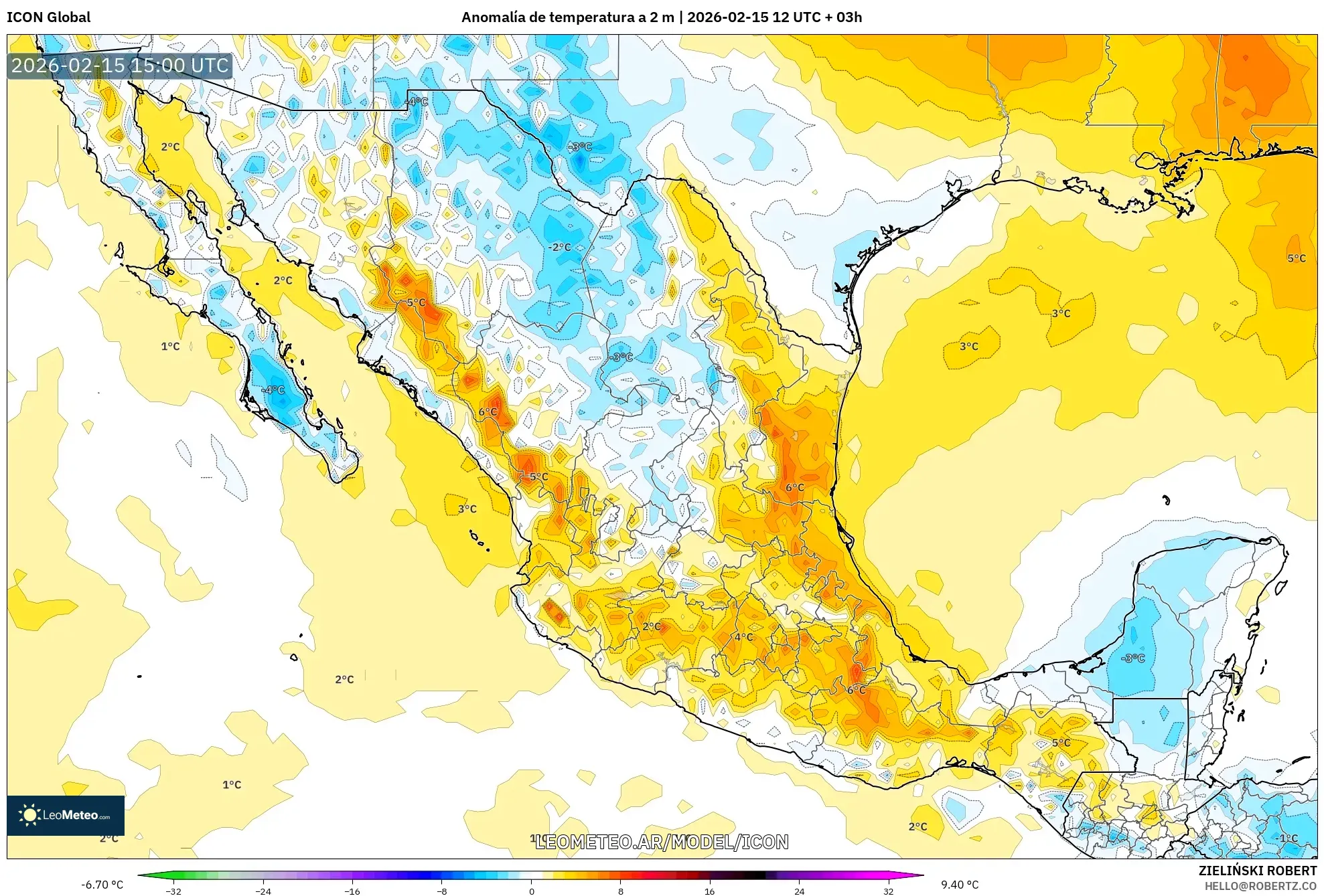 ICON model - México, Anomalía de temperatura a 2 m
