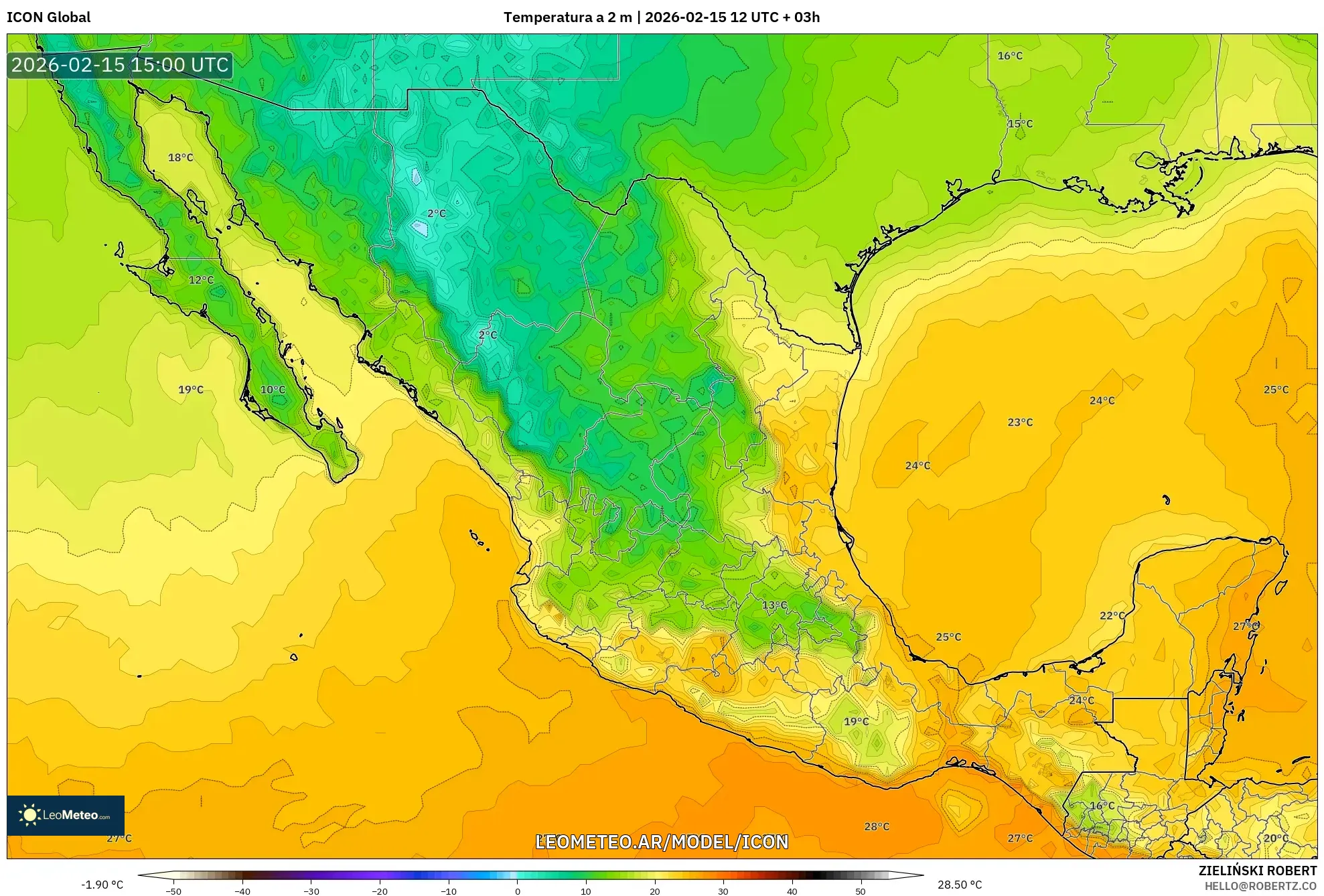 ICON model - México, Temperatura a 2 m