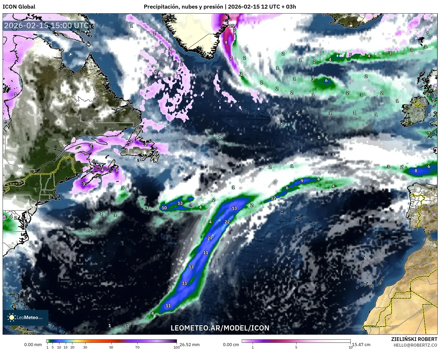 ICON model - Norte Atlántico, Precipitación, nubes y presión