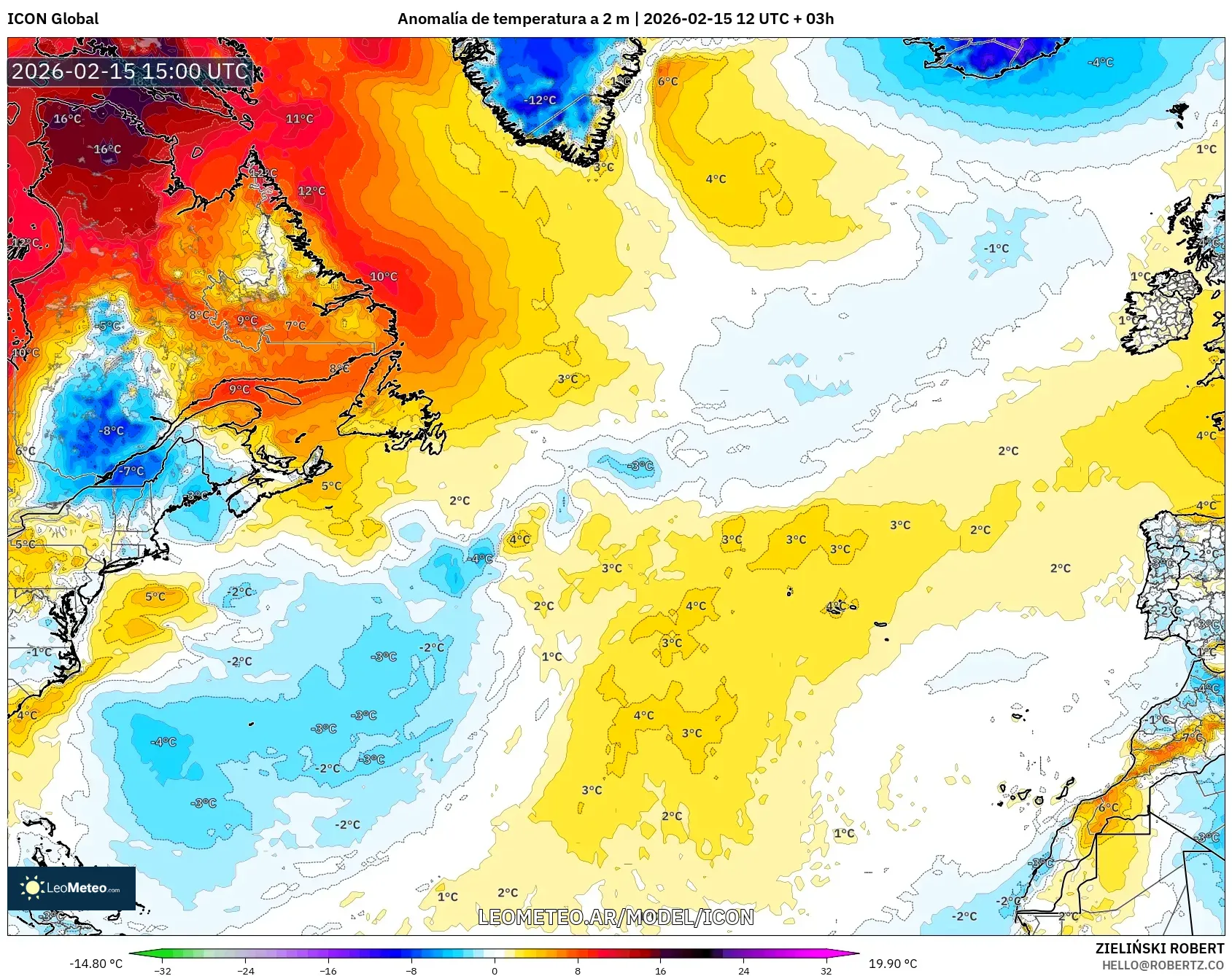 ICON model - Norte Atlántico, Anomalía de temperatura a 2 m