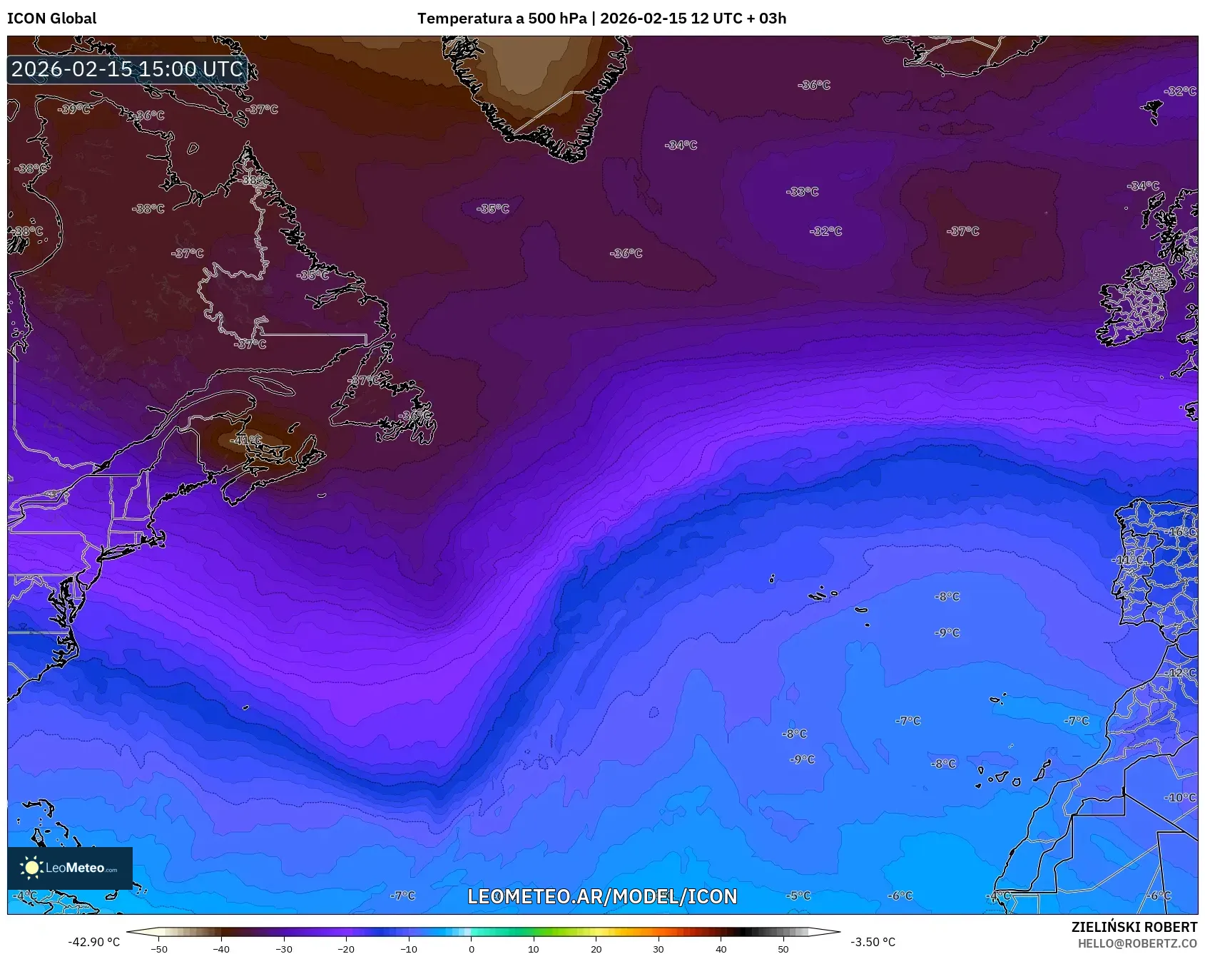ICON model - Norte Atlántico, Temperatura a 500 hPa