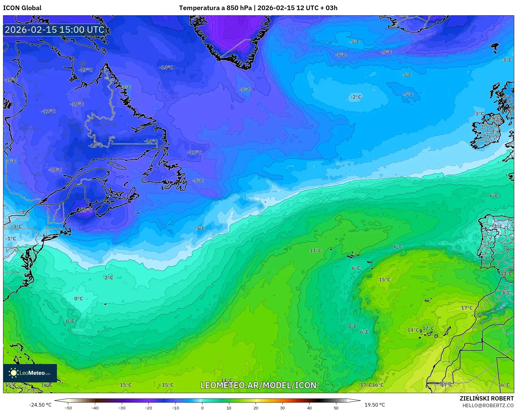 ICON model - Norte Atlántico, Temperatura a 850 hPa