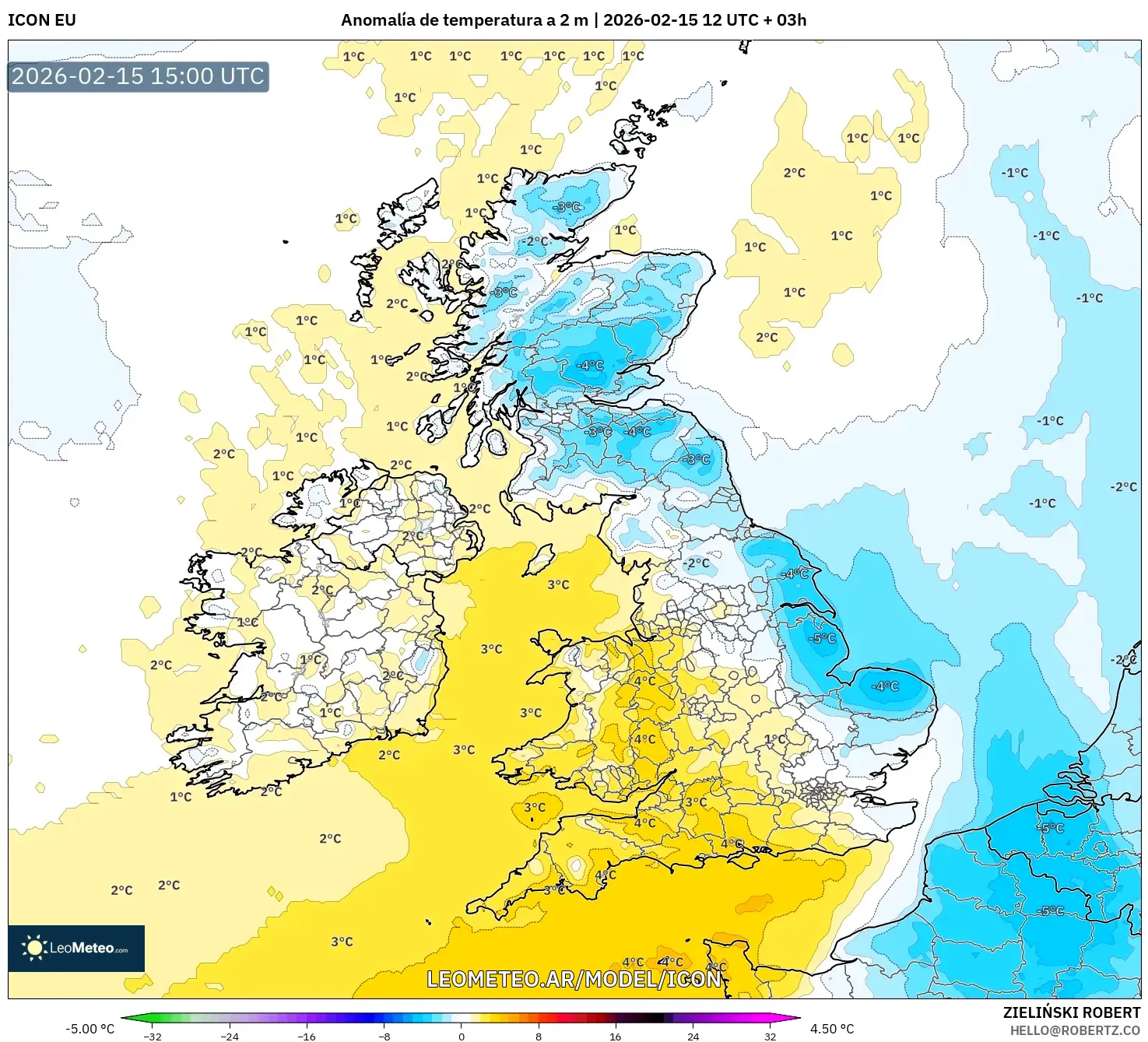 ICON model - Reino Unido, Anomalía de temperatura a 2 m