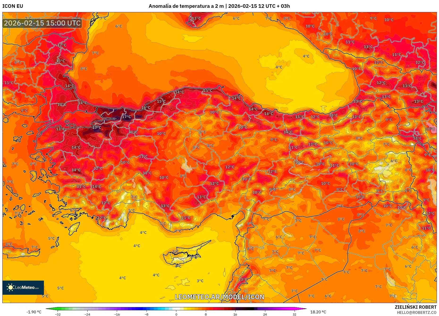 ICON model - Turquía, Anomalía de temperatura a 2 m