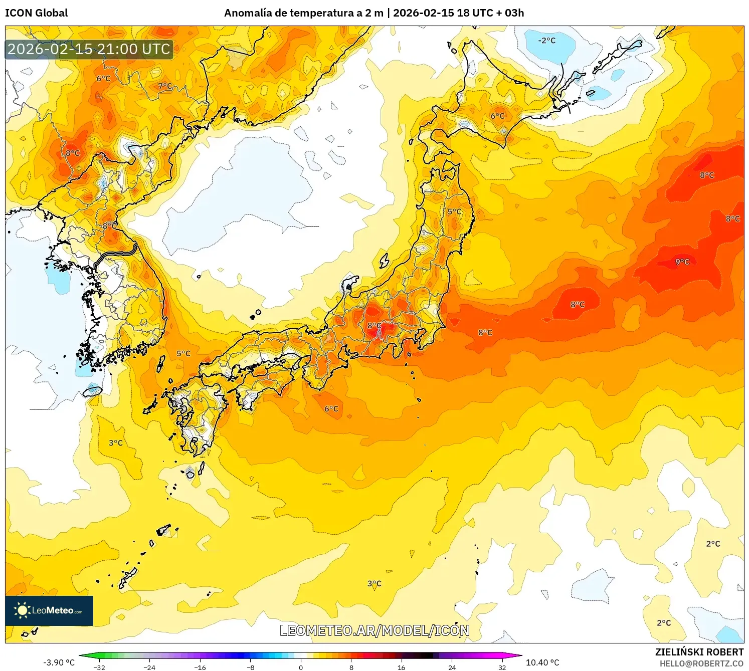 ICON model - Japón, Anomalía de temperatura a 2 m