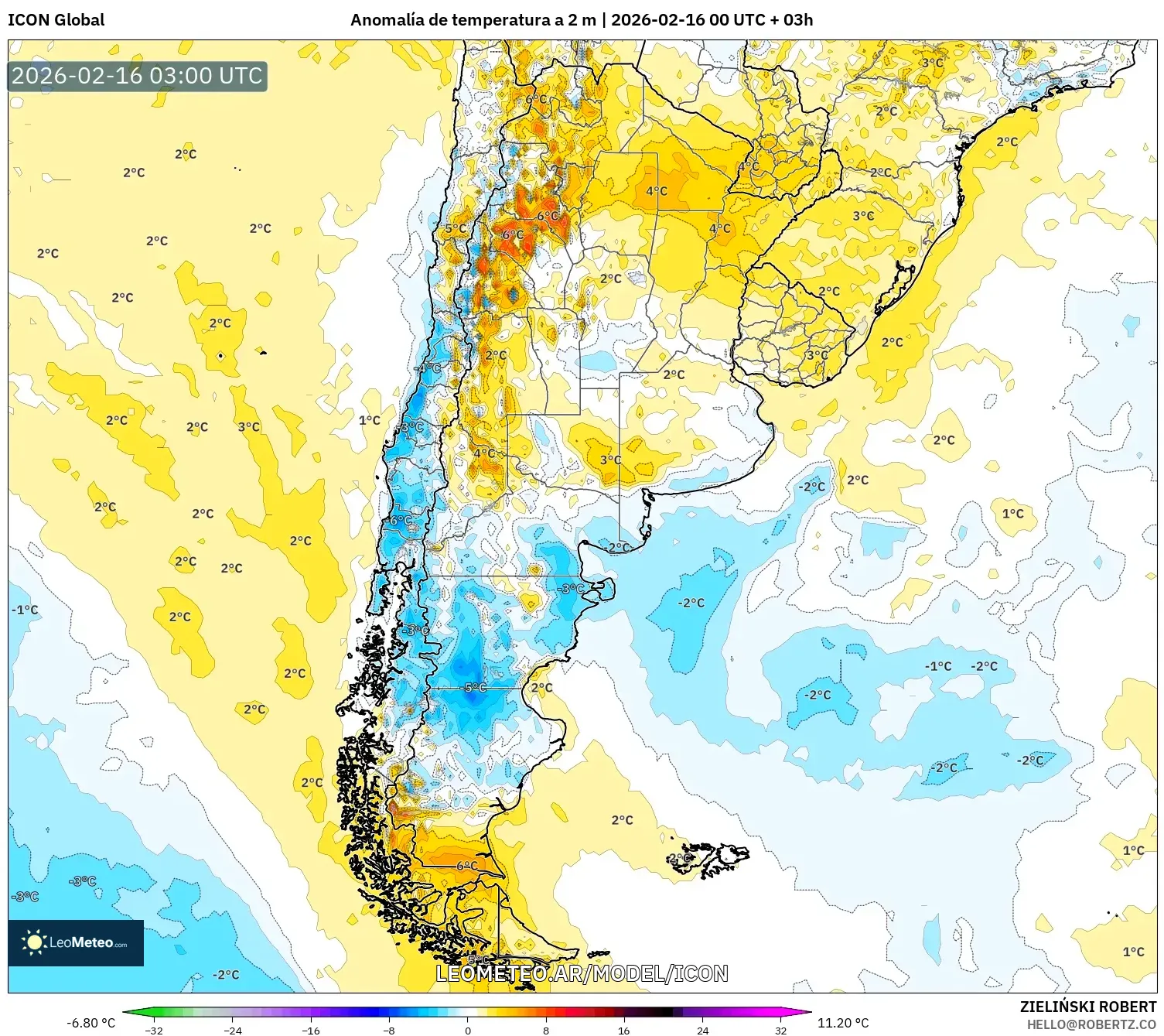 ICON model - Argentina, Anomalía de temperatura a 2 m