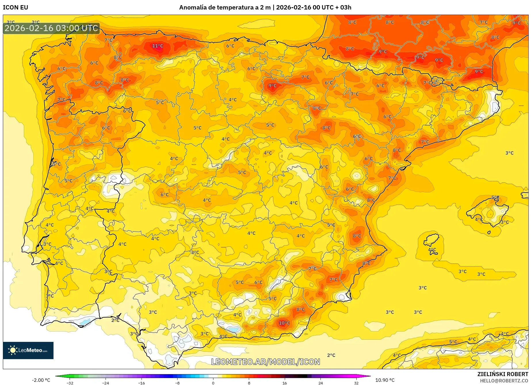 ICON model - España, Anomalía de temperatura a 2 m