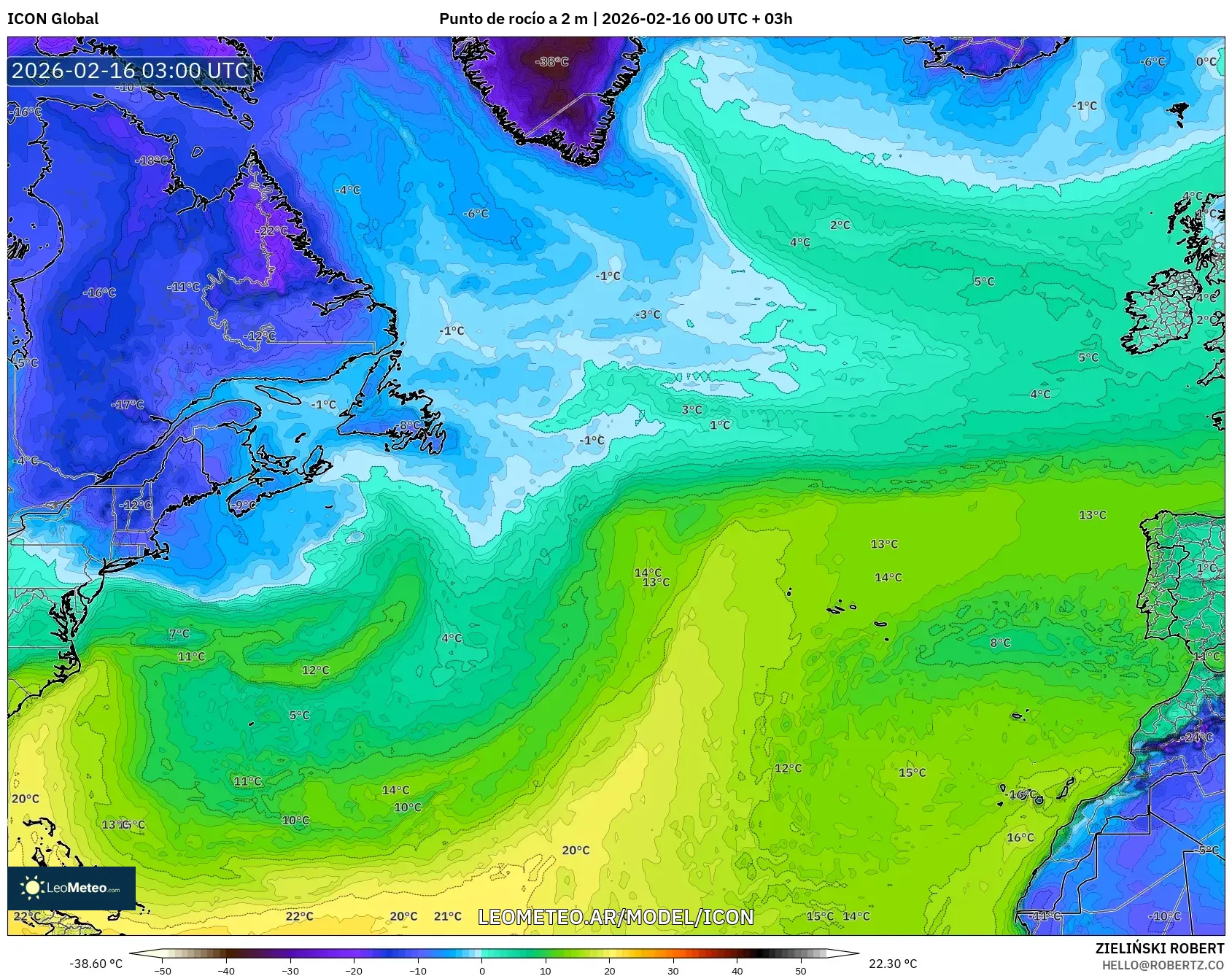ICON model - Norte Atlántico, Punto de rocío a 2 m