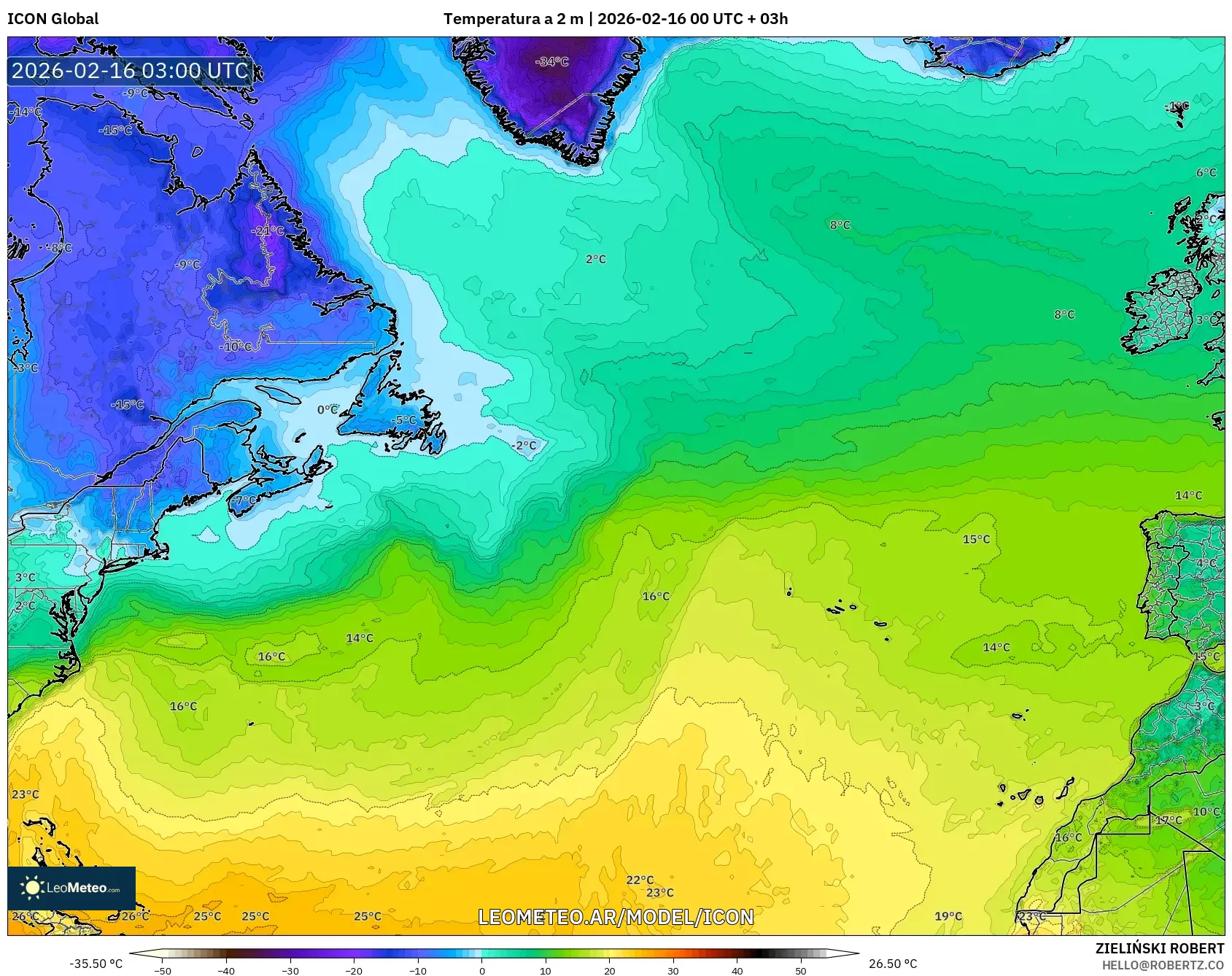 ICON model - Norte Atlántico, Temperatura a 2 m
