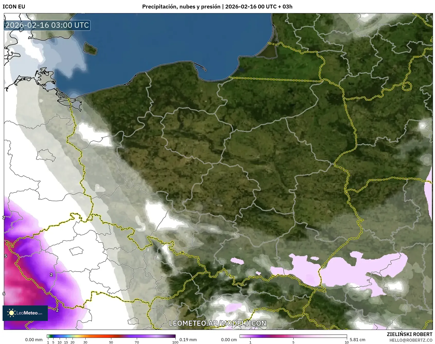 ICON model - Polonia, Precipitación, nubes y presión
