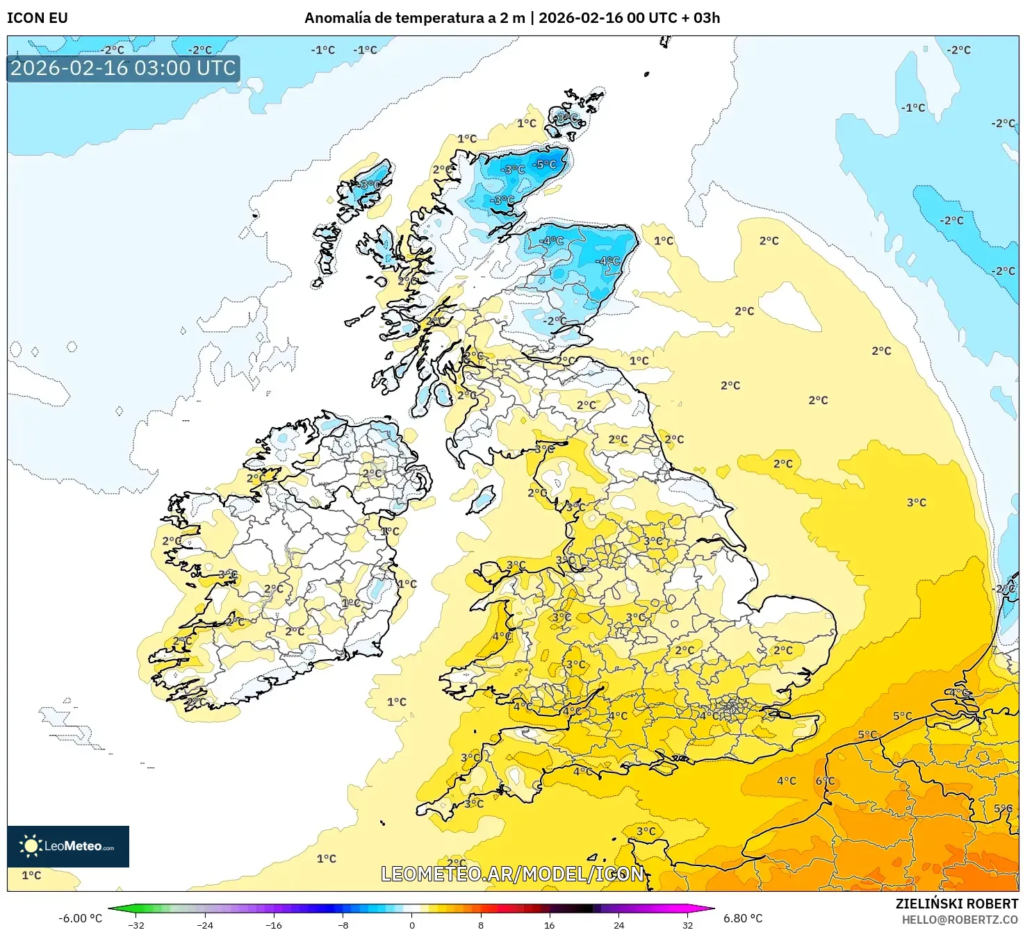 ICON model - Reino Unido, Anomalía de temperatura a 2 m