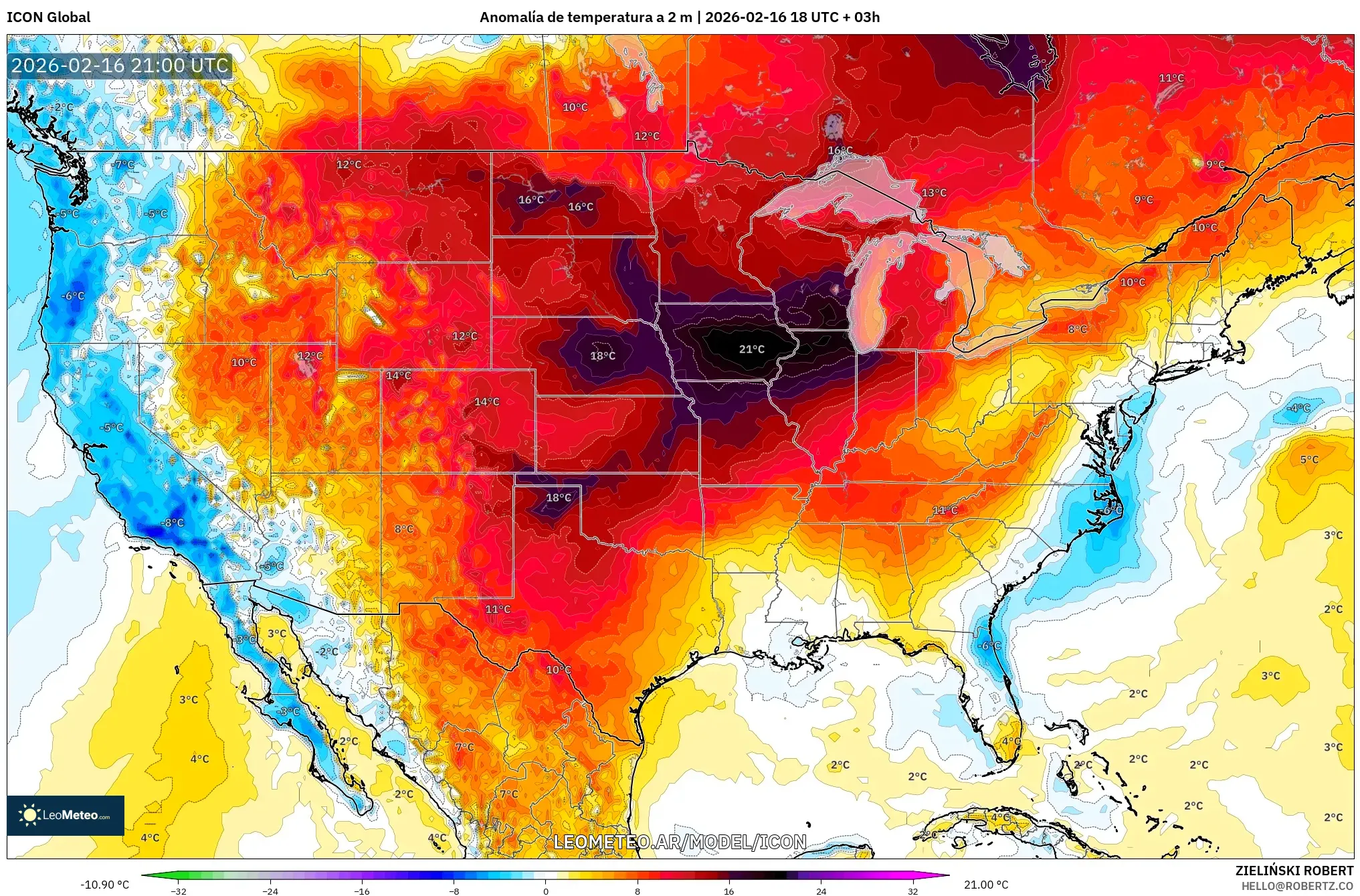 ICON model - Estados Unidos, Anomalía de temperatura a 2 m