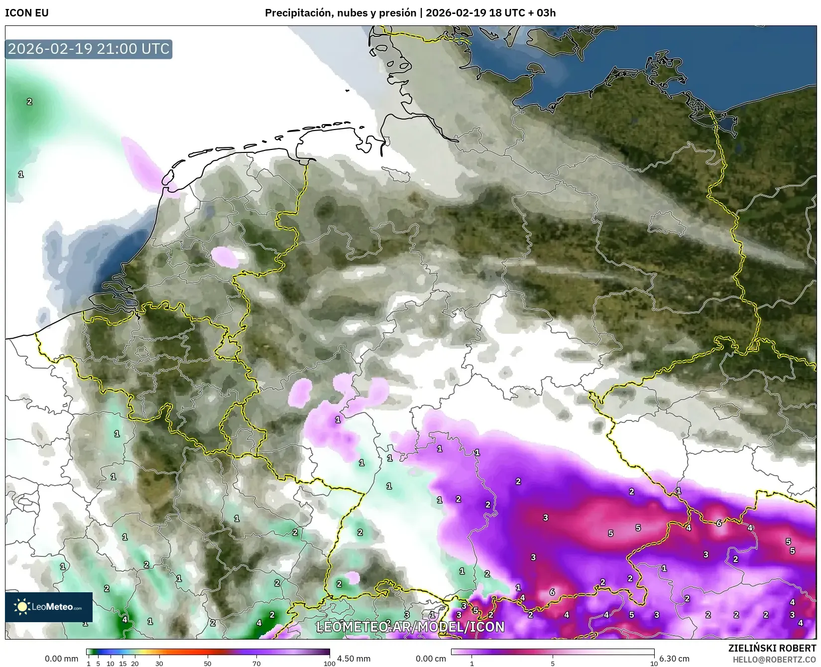 ICON model - Alemania, Precipitación, nubes y presión