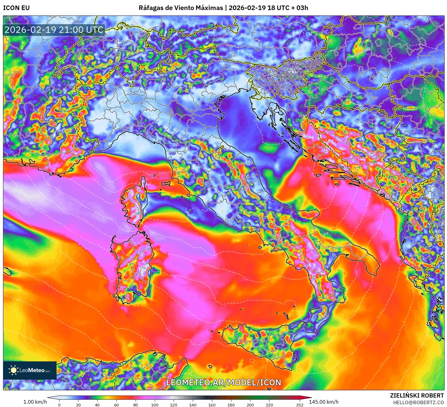 ICON model - Italia, Ráfagas de Viento Máximas